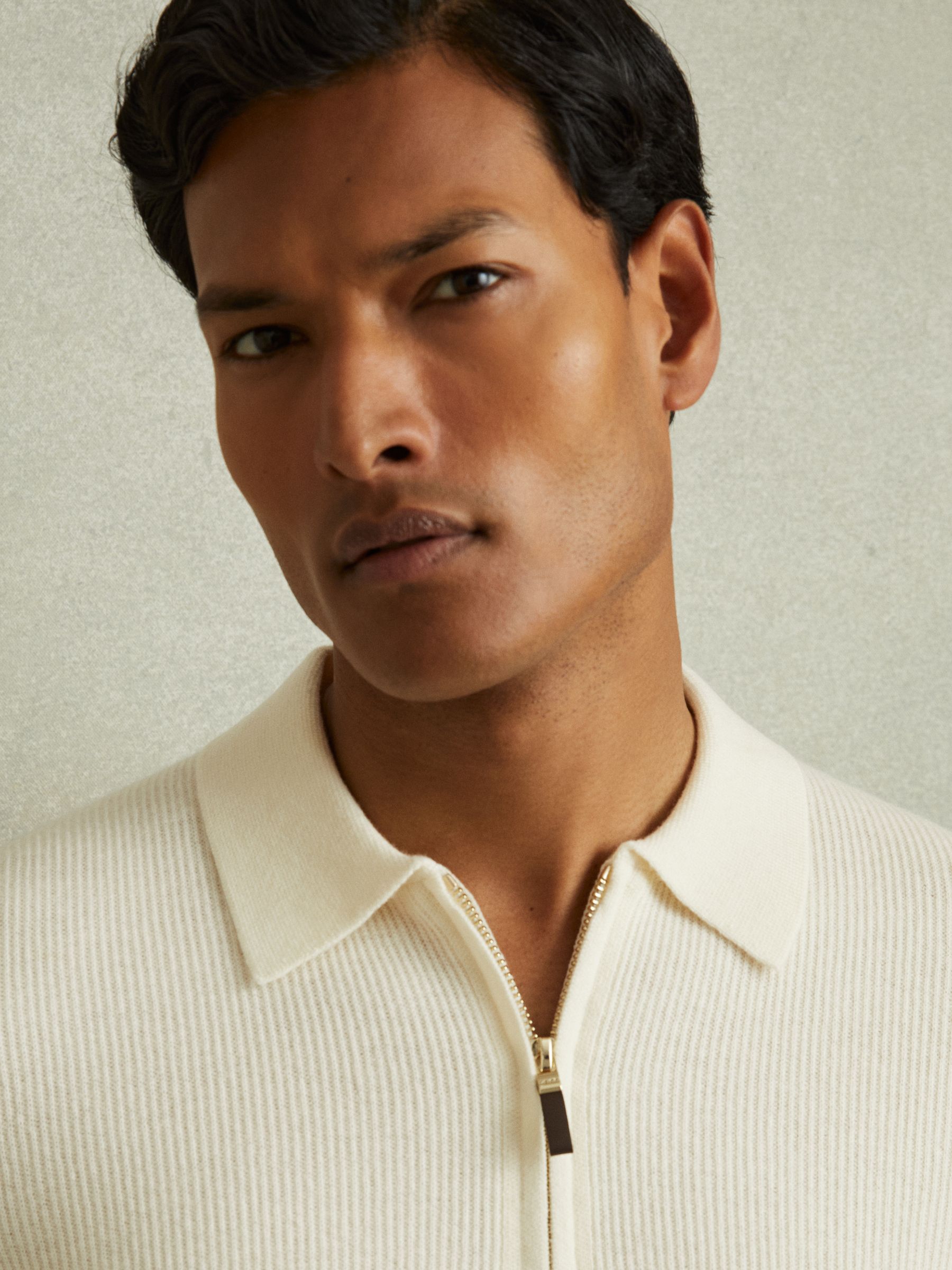 Wool Half-Zip Polo Shirt in Off White - Image 3 of 5