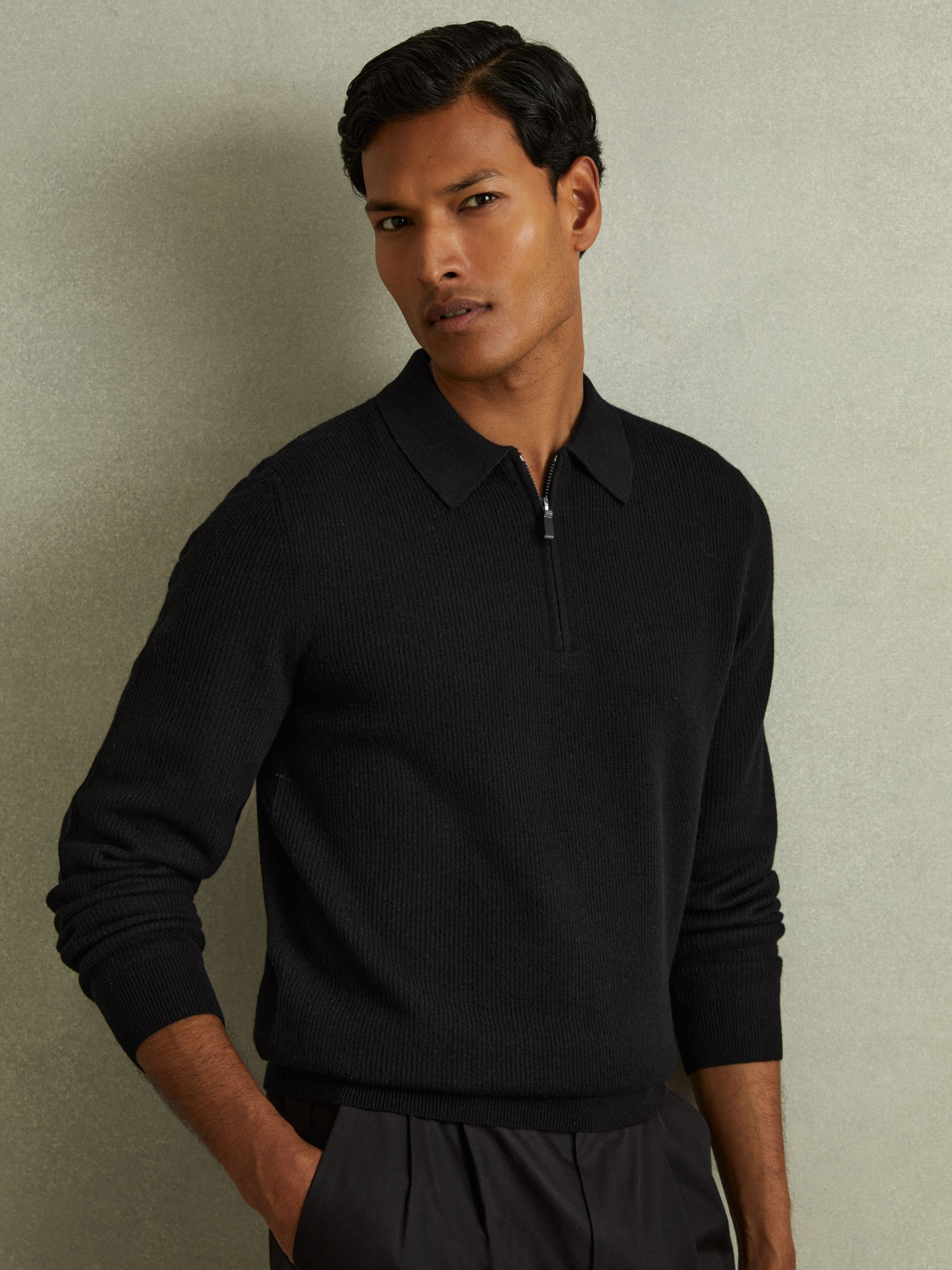 Wool Half-Zip Polo Shirt in Black - Image 1 of 5