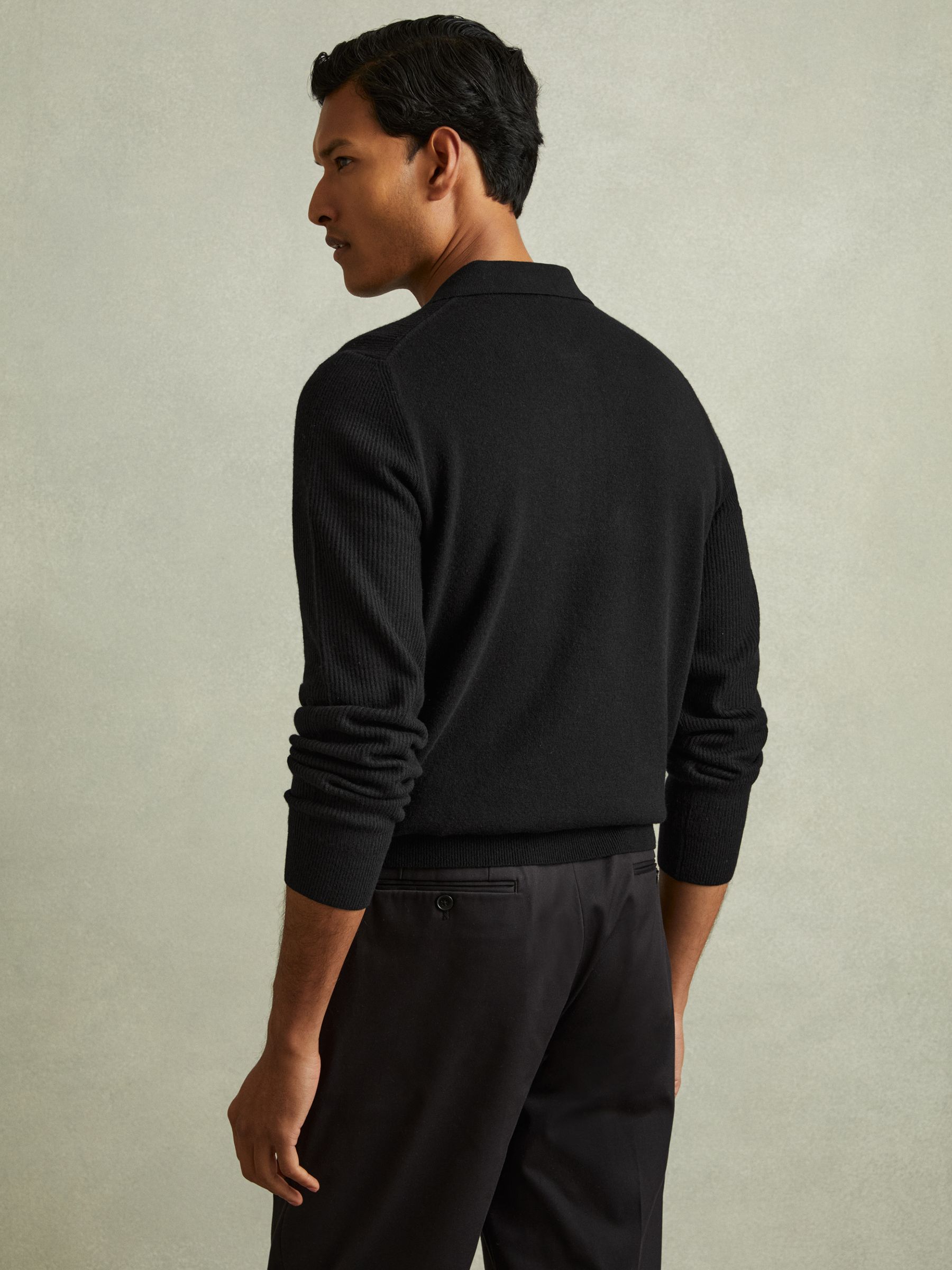 Wool Half-Zip Polo Shirt in Black - Image 4 of 5