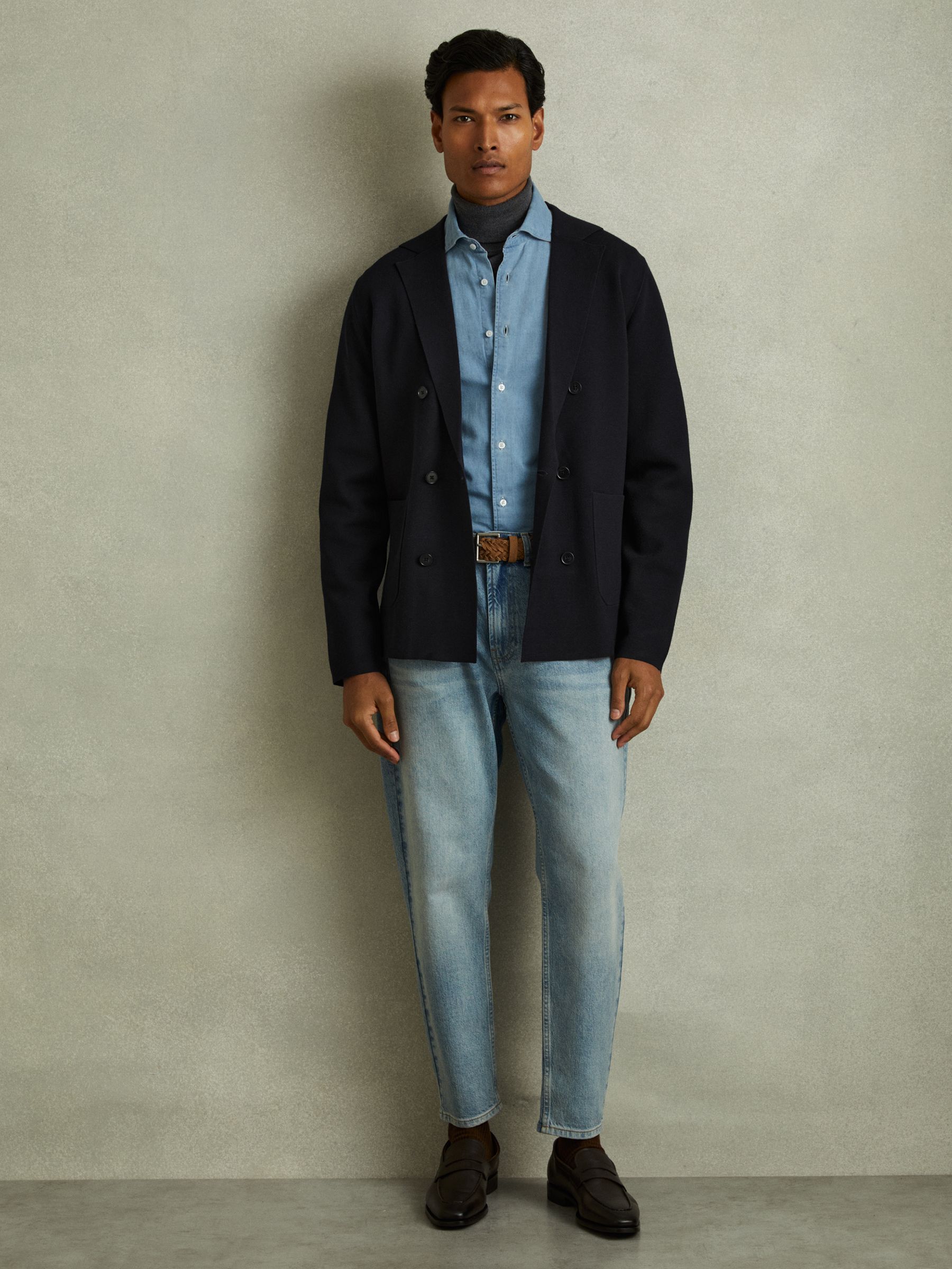 Knitted Double Breasted Blazer in Navy - Image 1 of 6