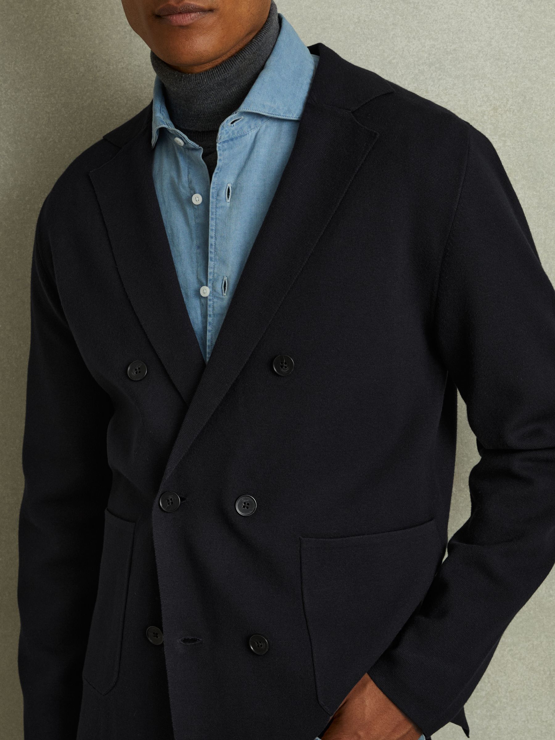 Knitted Double Breasted Blazer in Navy - Image 3 of 6