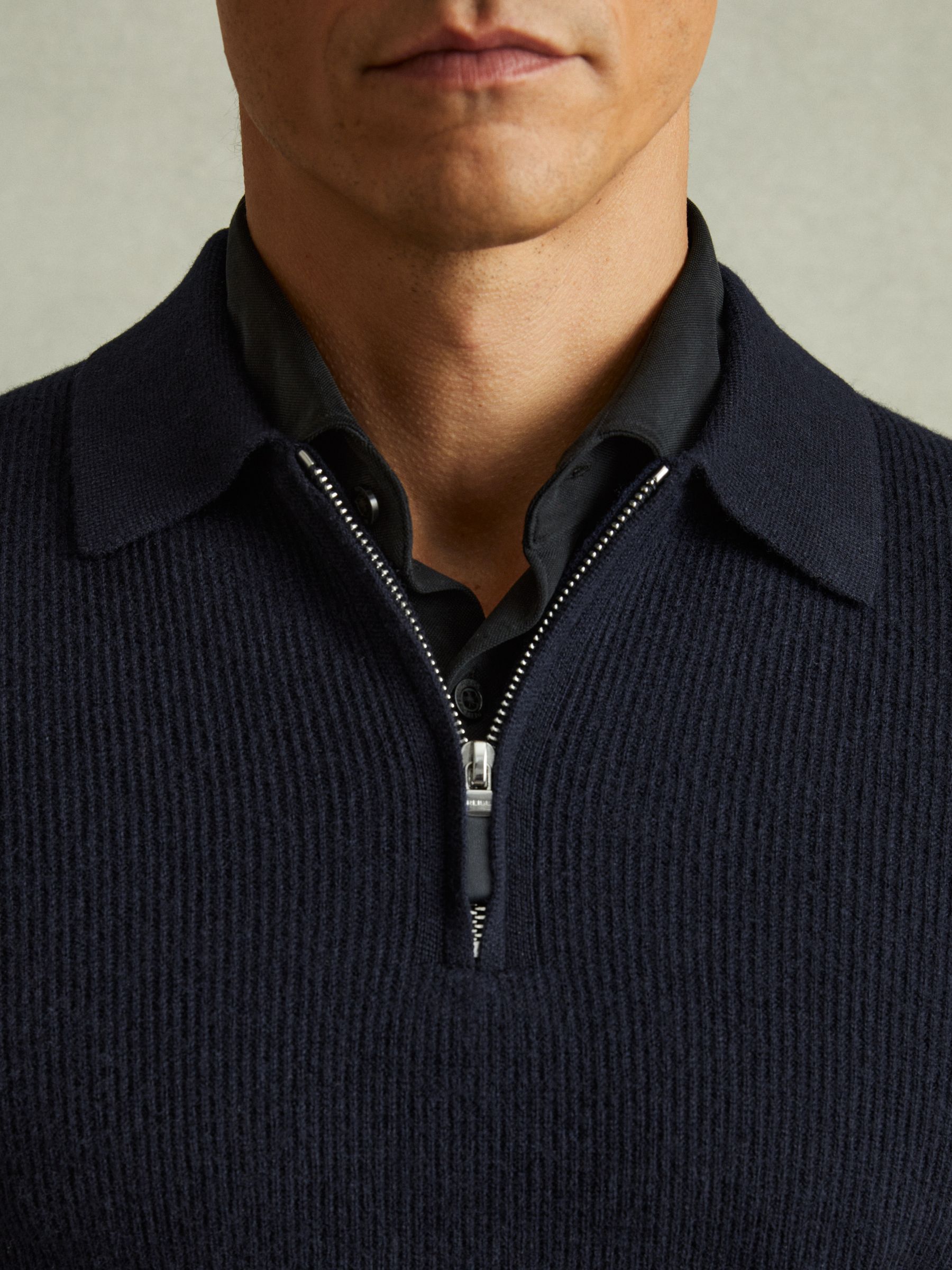 Wool Half-Zip Polo Shirt in Navy Blue - Image 3 of 5