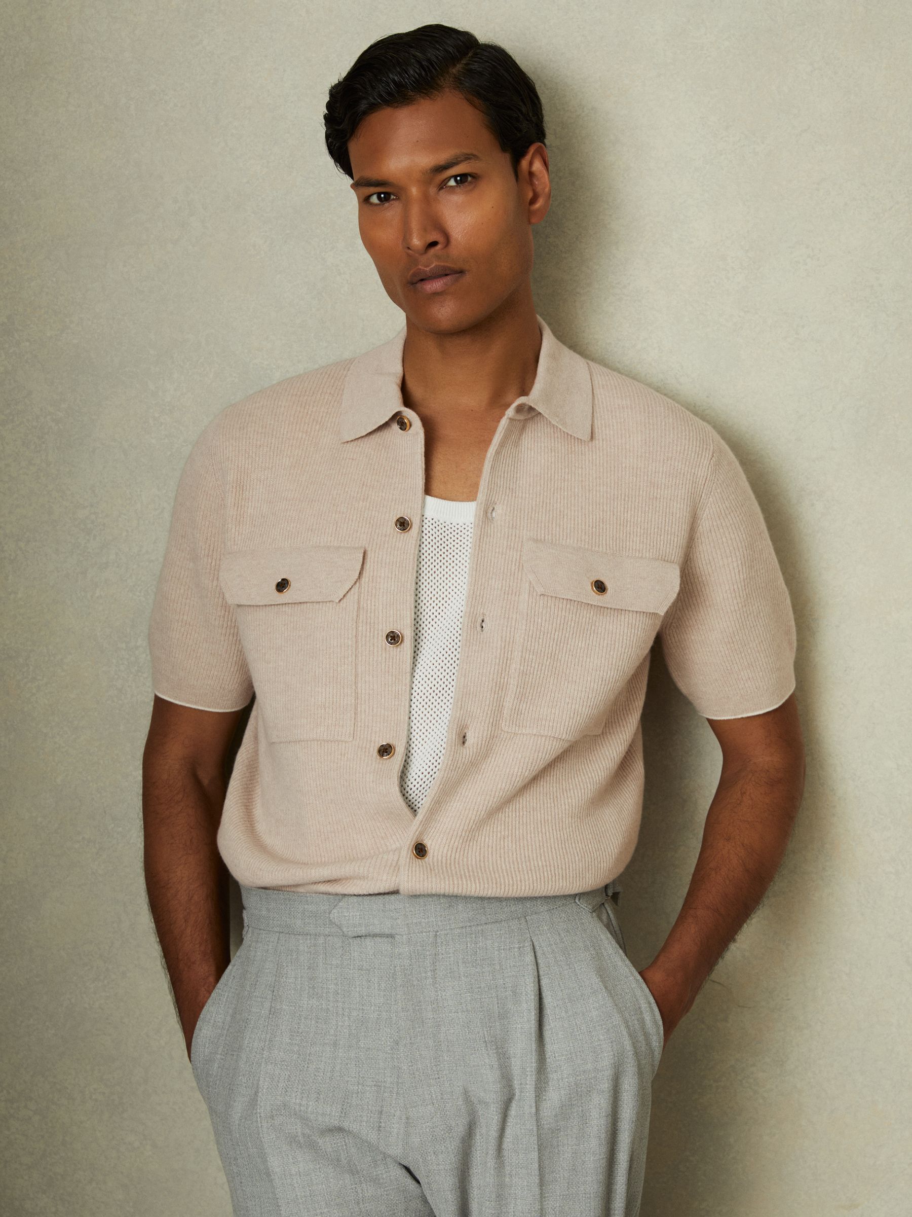 Wool Ribbed Button-Through Top in Oatmeal - Image 1 of 5