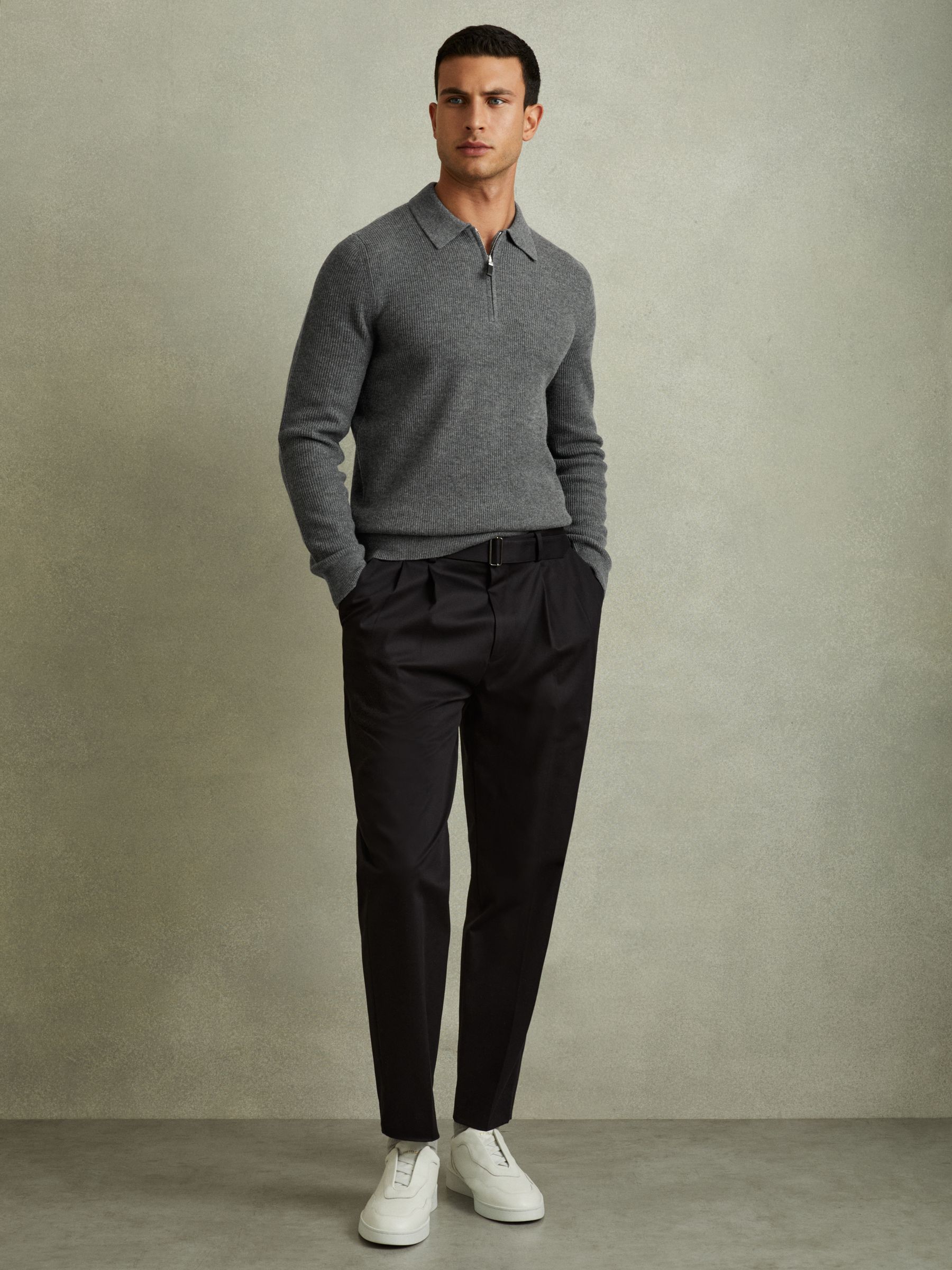 Wool Half-Zip Polo Shirt in Grey Melange - Image 3 of 6