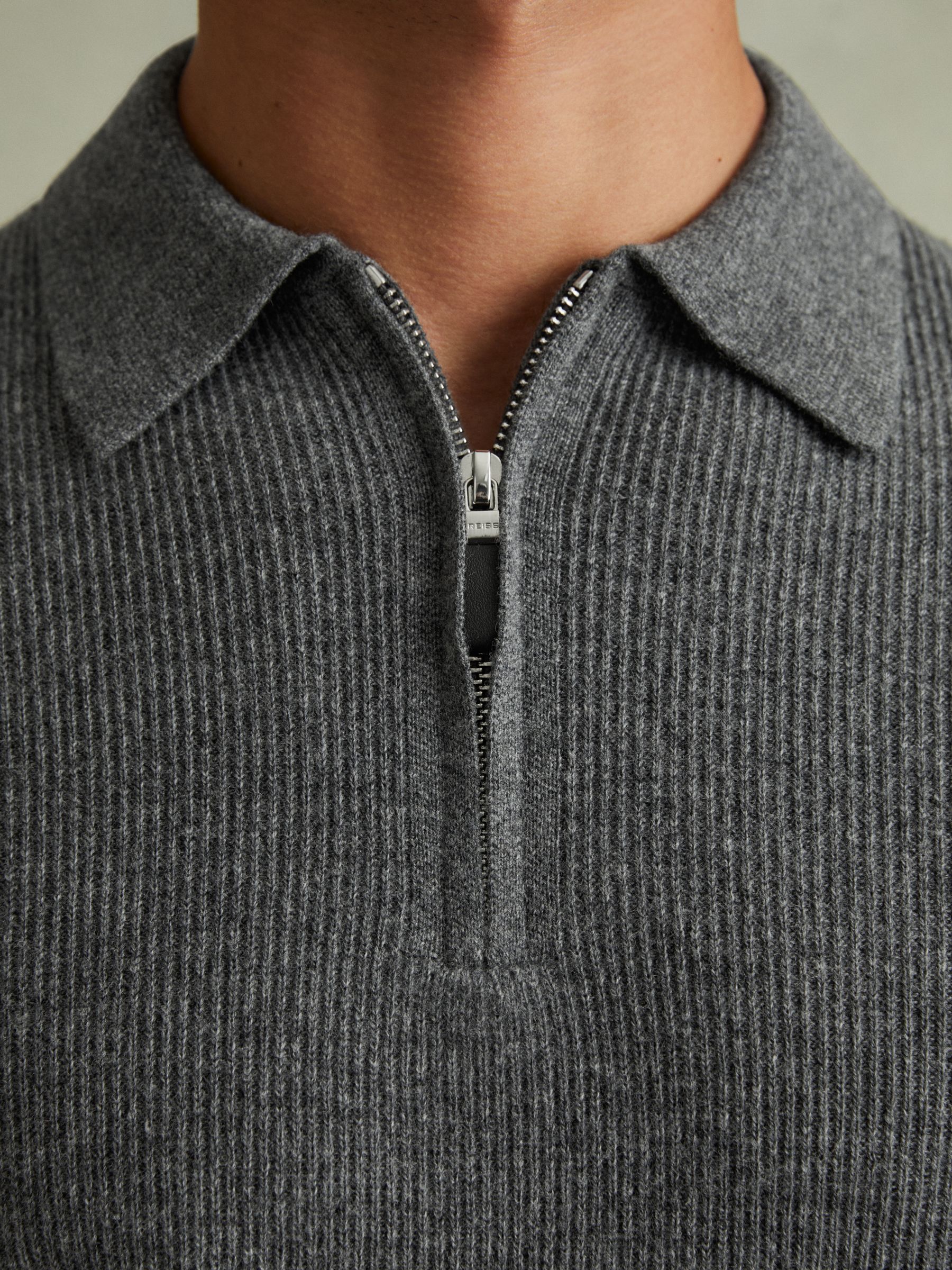 Wool Half-Zip Polo Shirt in Grey Melange - Image 4 of 6