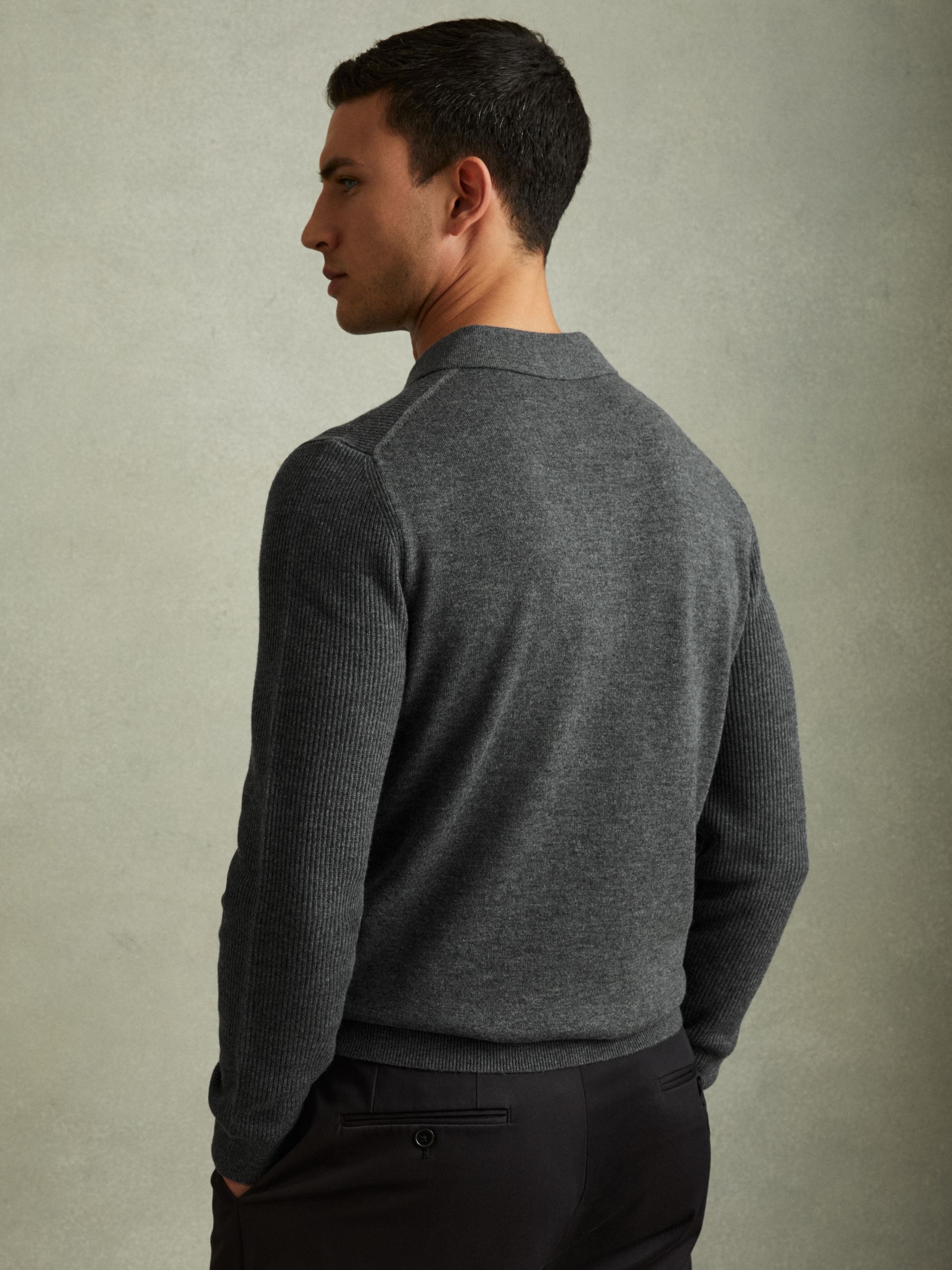 Wool Half-Zip Polo Shirt in Grey Melange - Image 5 of 6