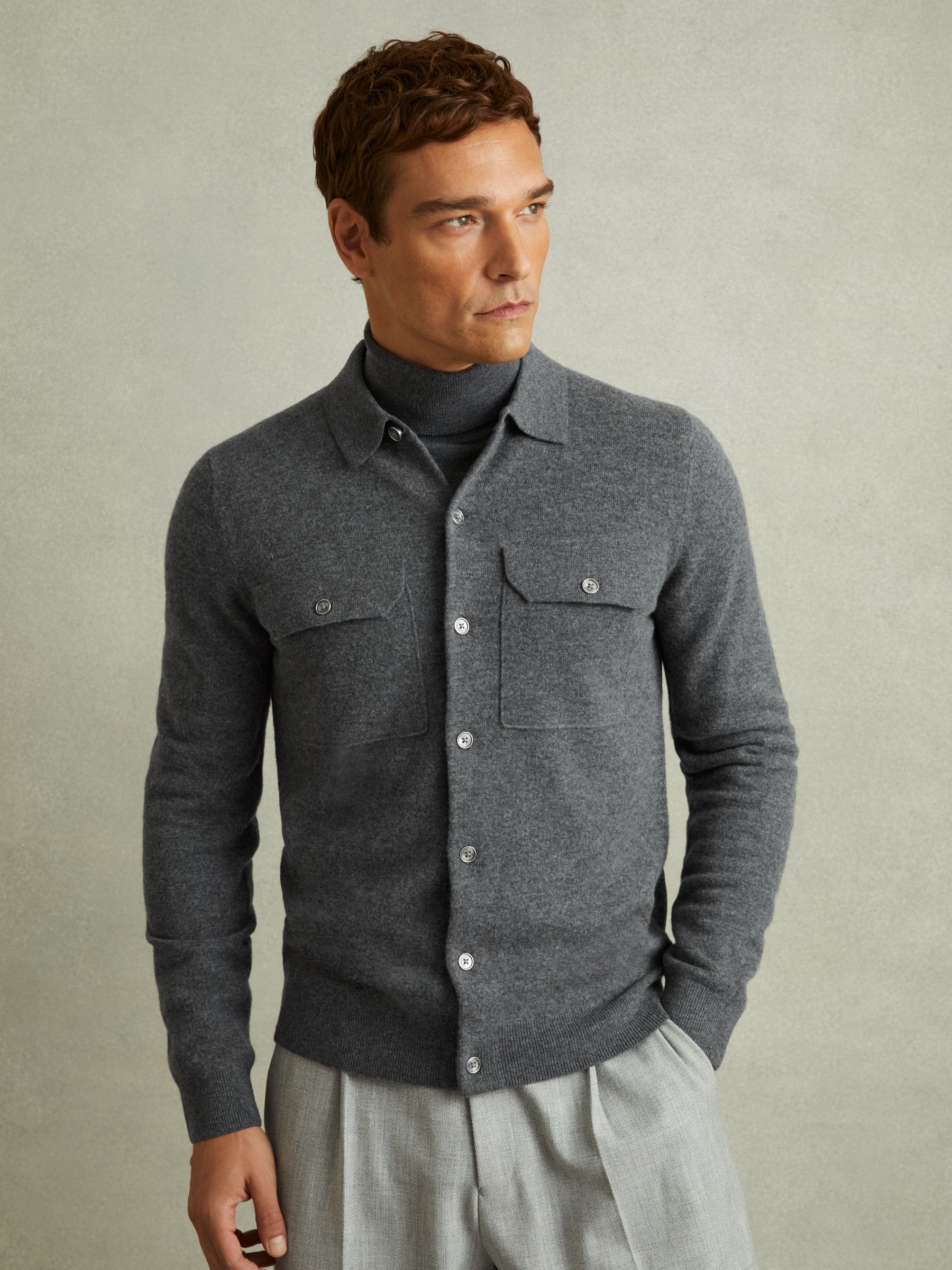 Merino Wool Button-Front Cardigan in Grey Melange - Image 1 of 5