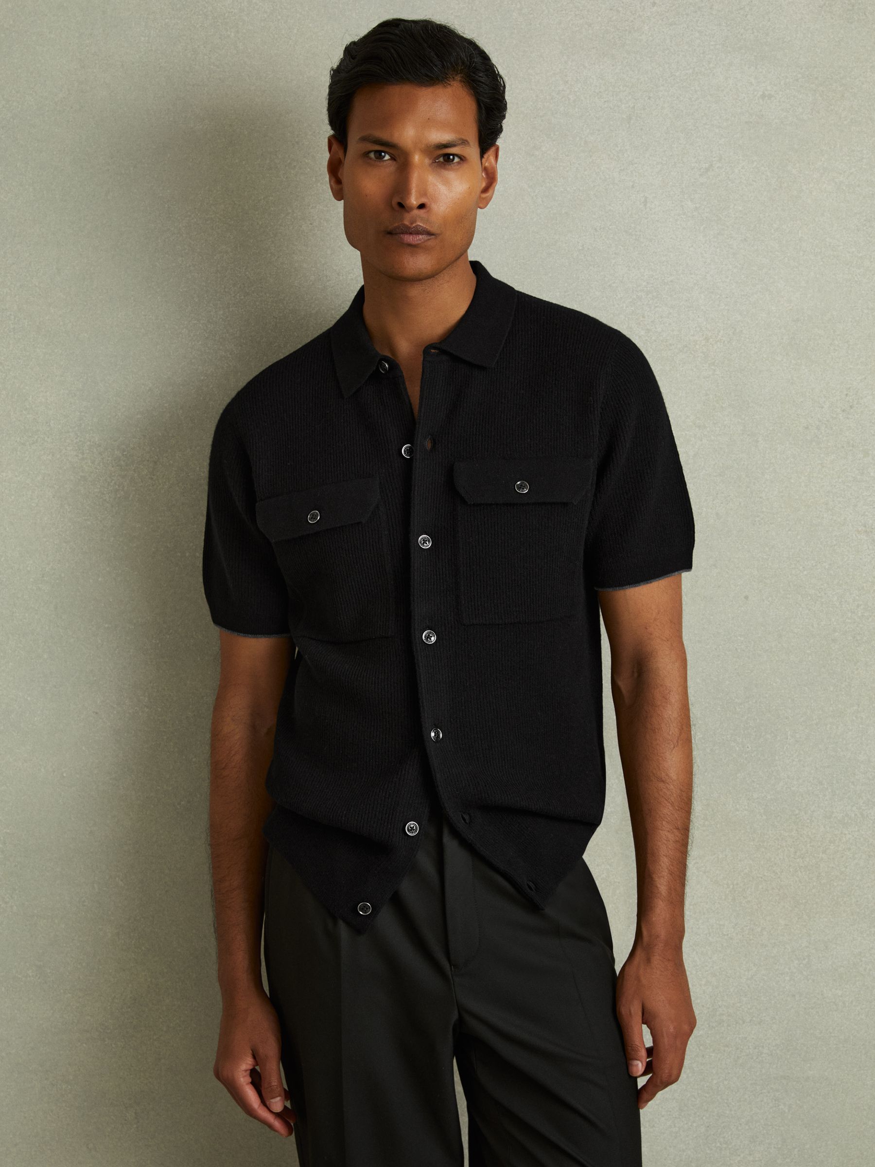 Wool Ribbed Button-Through Top in Black - Image 1 of 5