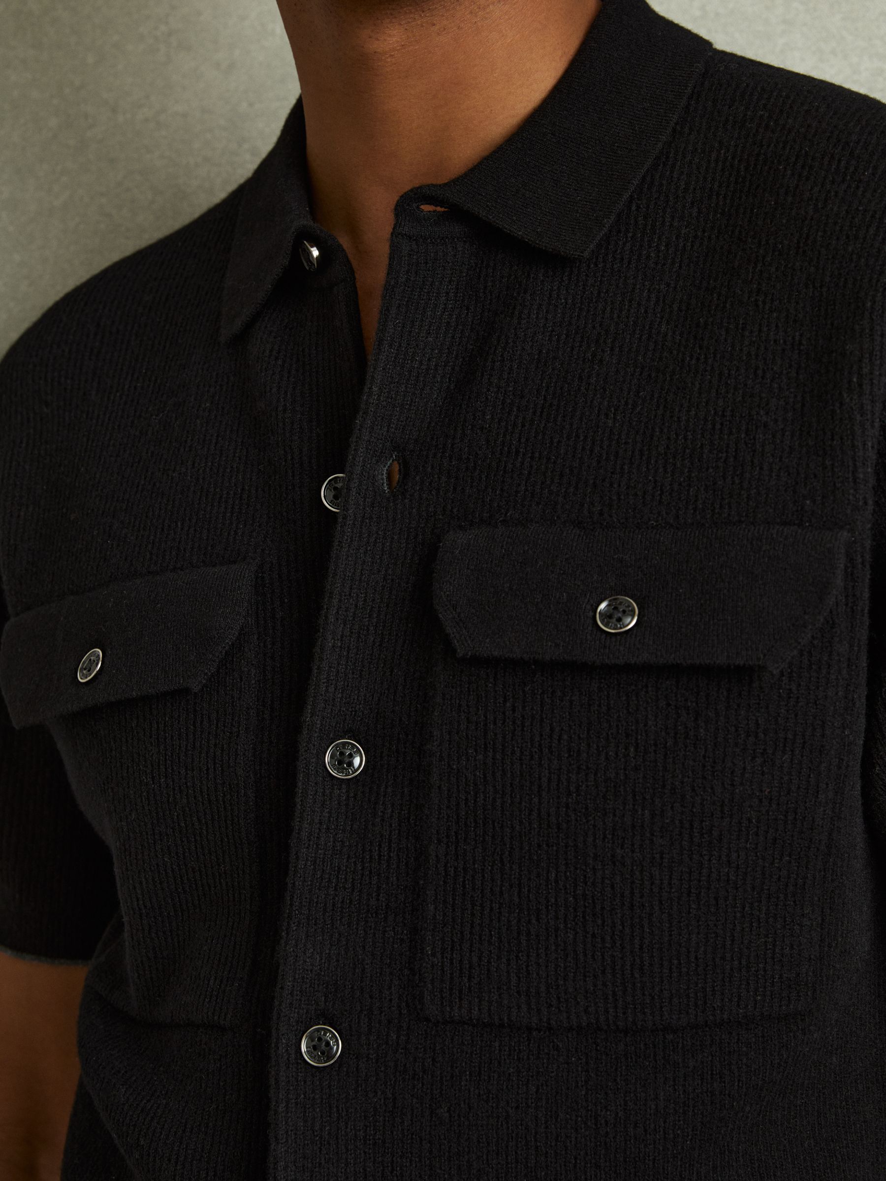 Wool Ribbed Button-Through Top in Black - Image 3 of 5