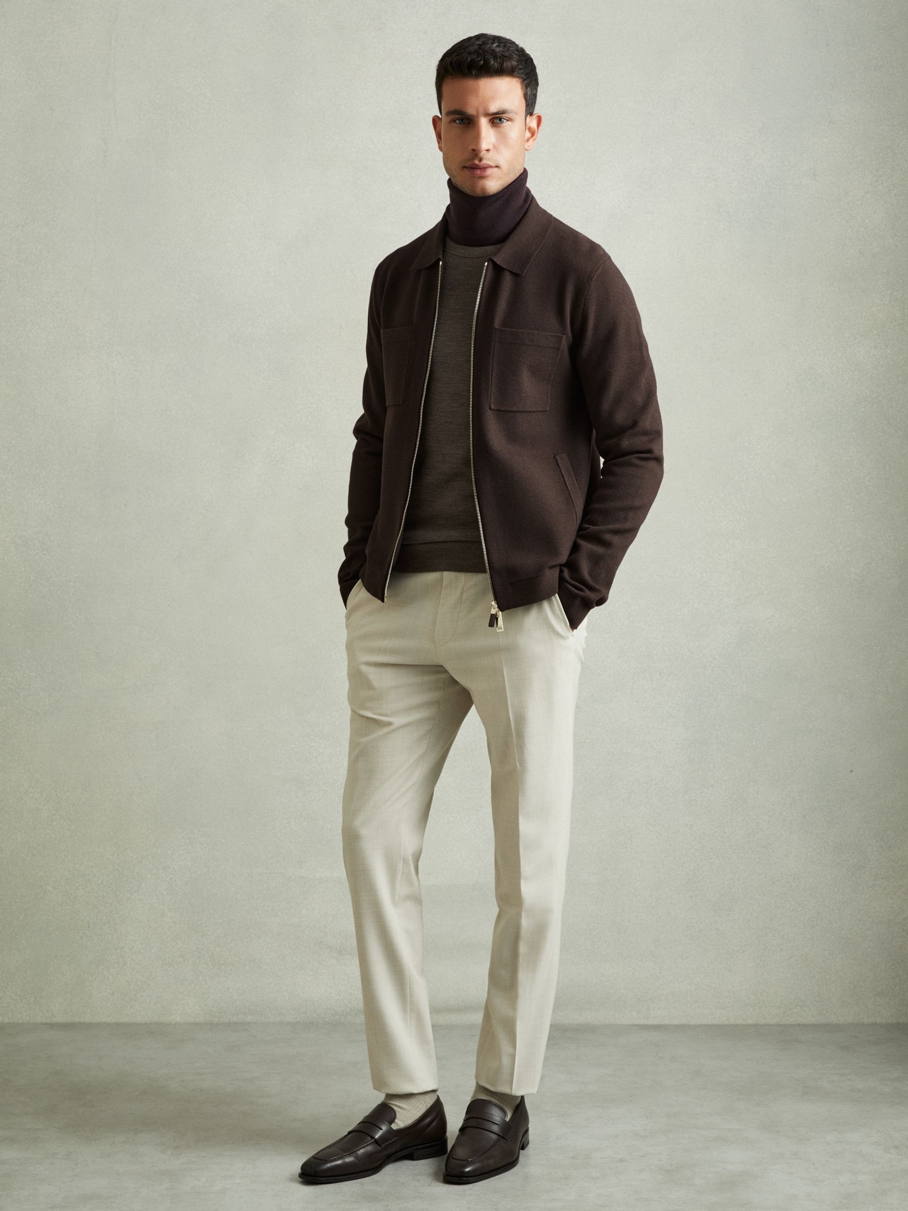 Knitted Zip-Through Jacket in Chocolate Brown - Image 3 of 6