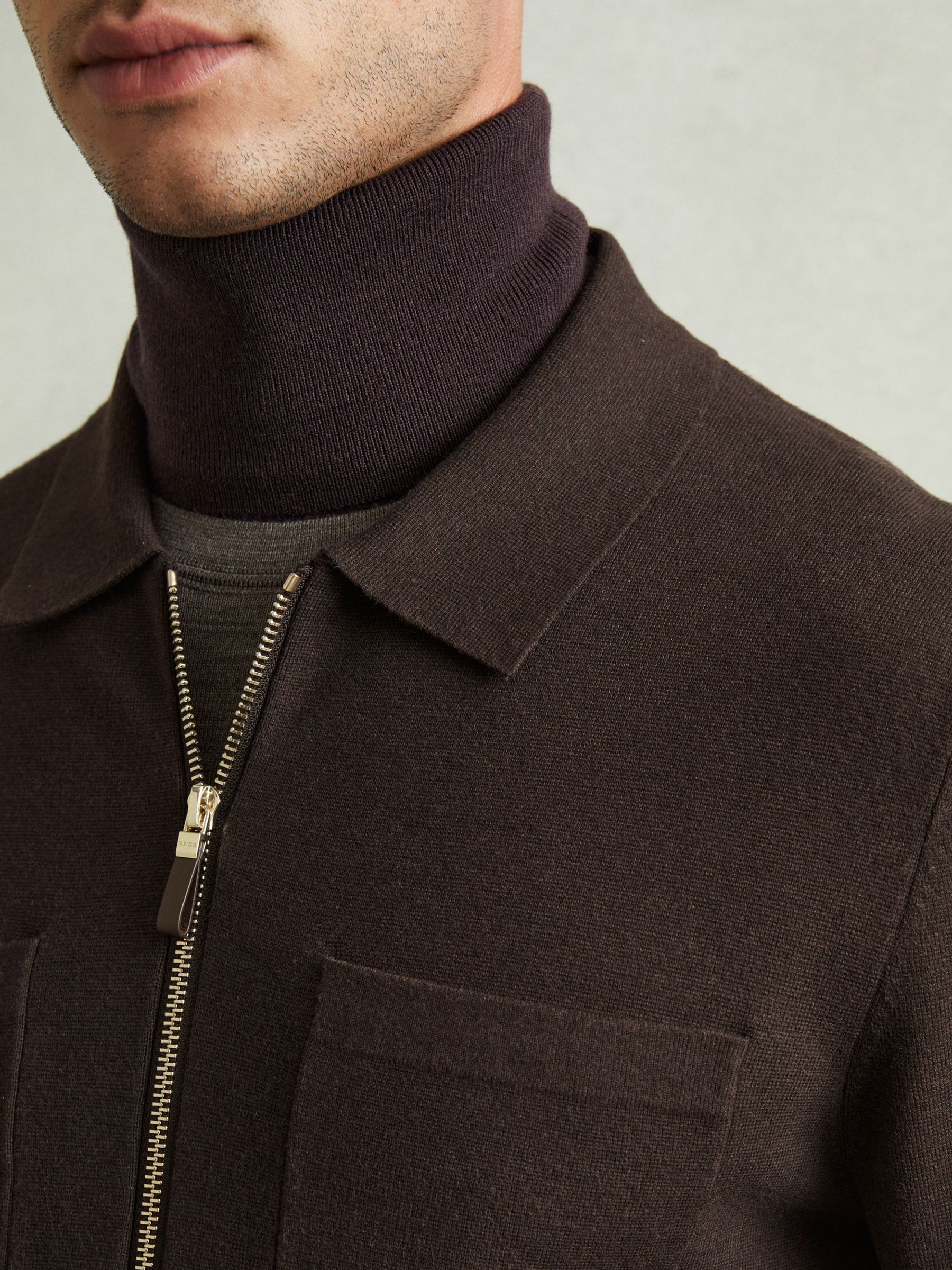 Knitted Zip-Through Jacket in Chocolate Brown - Image 4 of 6