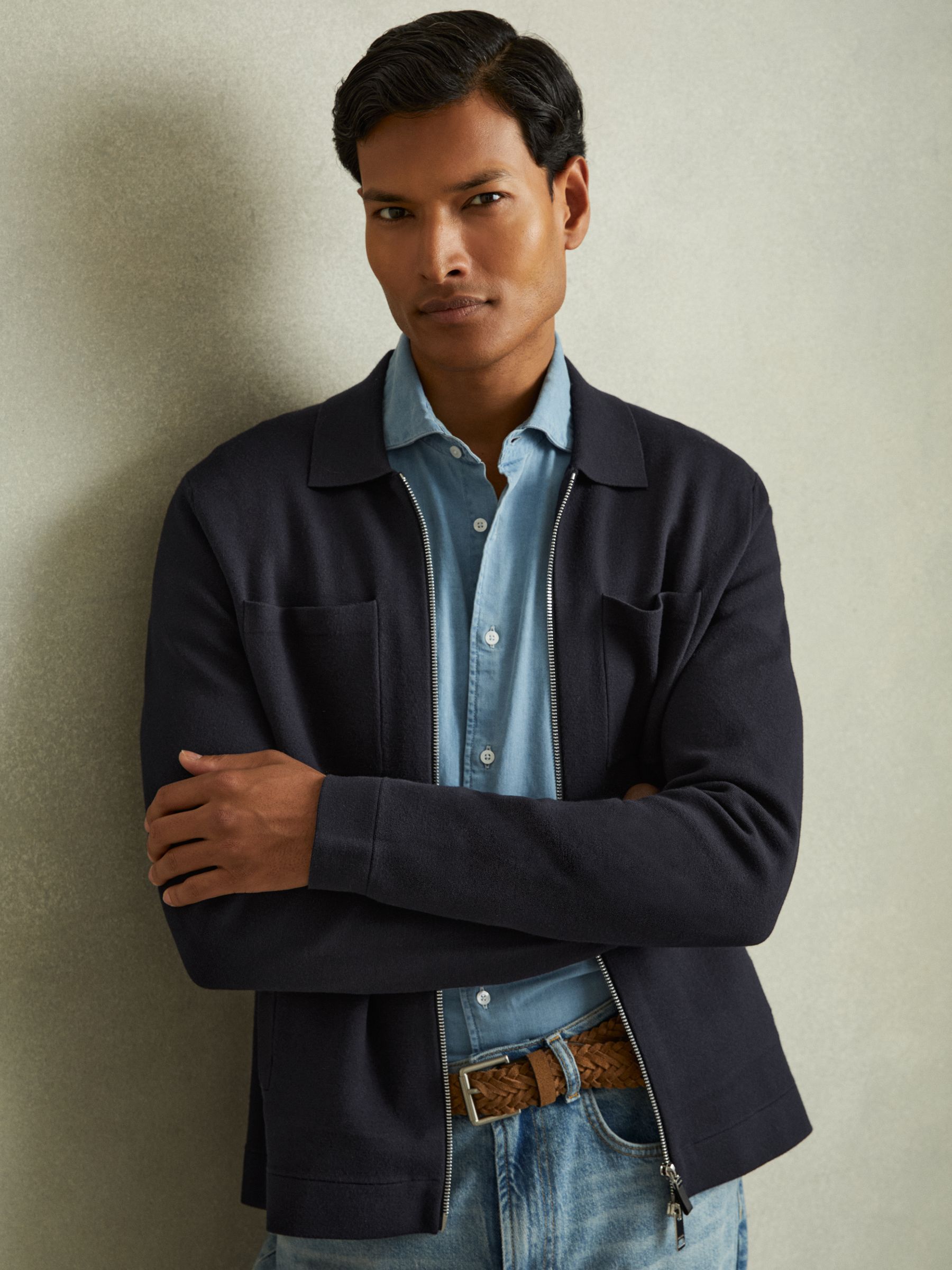 Knitted Zip-Through Jacket in Navy - Image 1 of 5