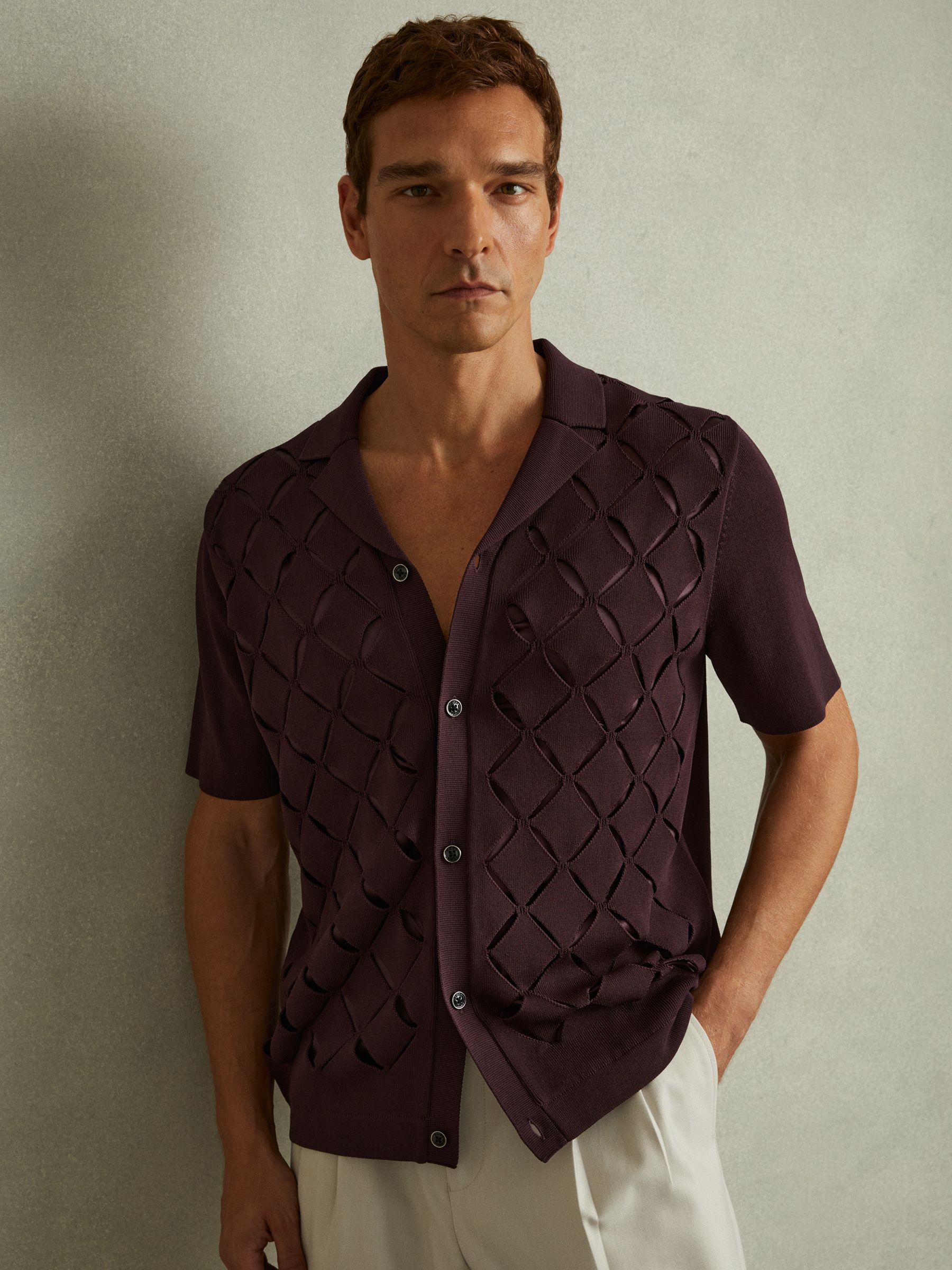 Laser Cut-Out Cuban Collar Shirt in Bordeaux - Image 1 of 6