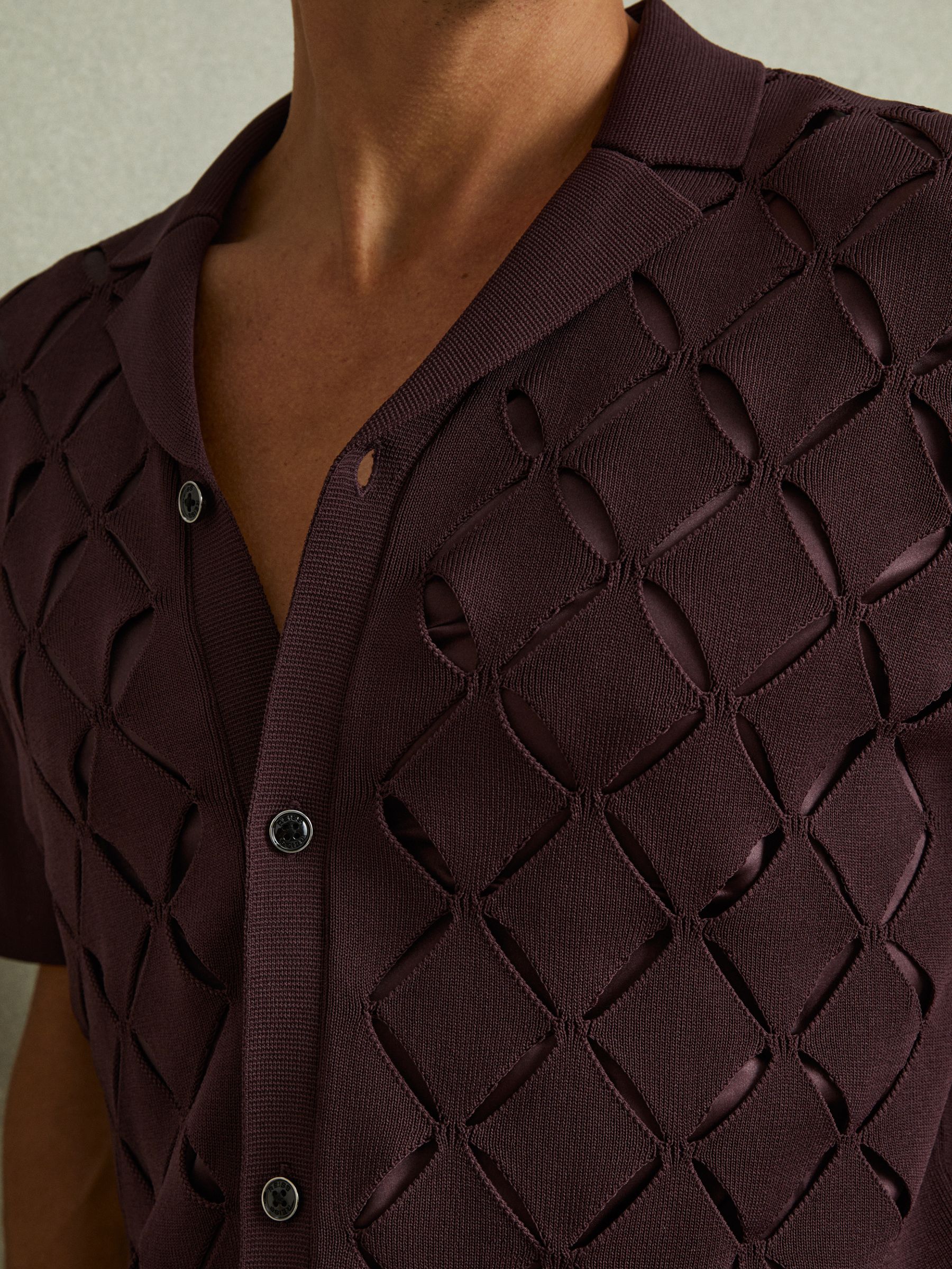 Laser Cut-Out Cuban Collar Shirt in Bordeaux - Image 3 of 6