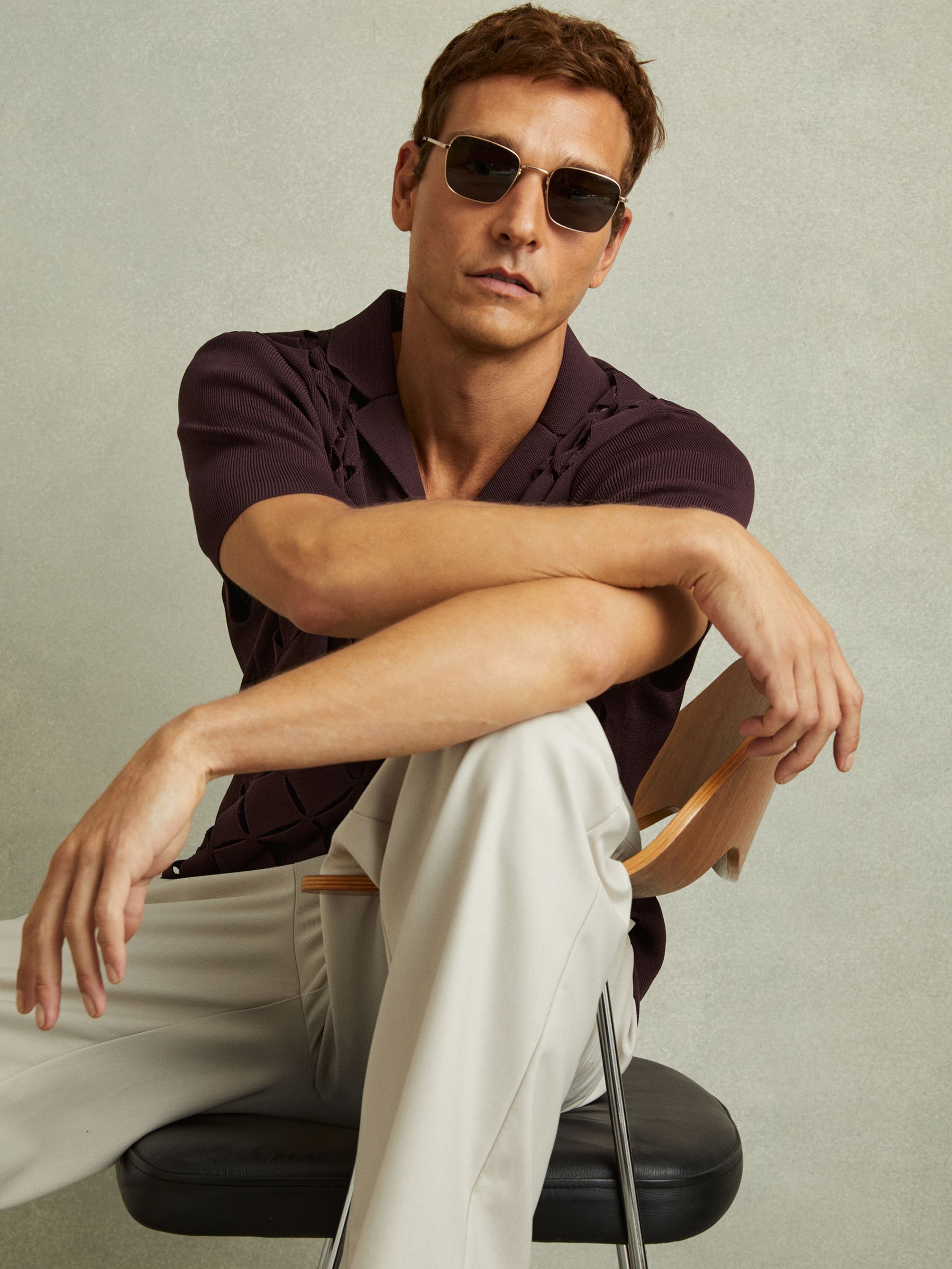 Laser Cut-Out Cuban Collar Shirt in Bordeaux - Image 4 of 6