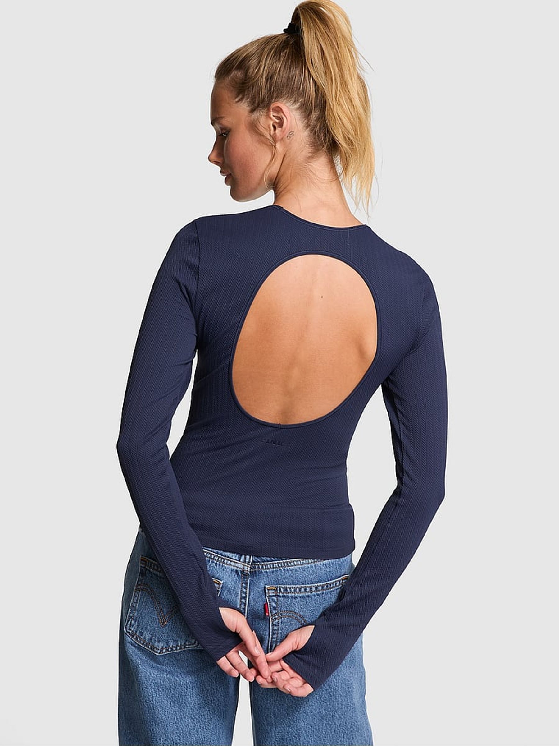 Midnight Navy Blue Seamless Cable Knit Long Sleeve T-Shirt - Image 2 of 3