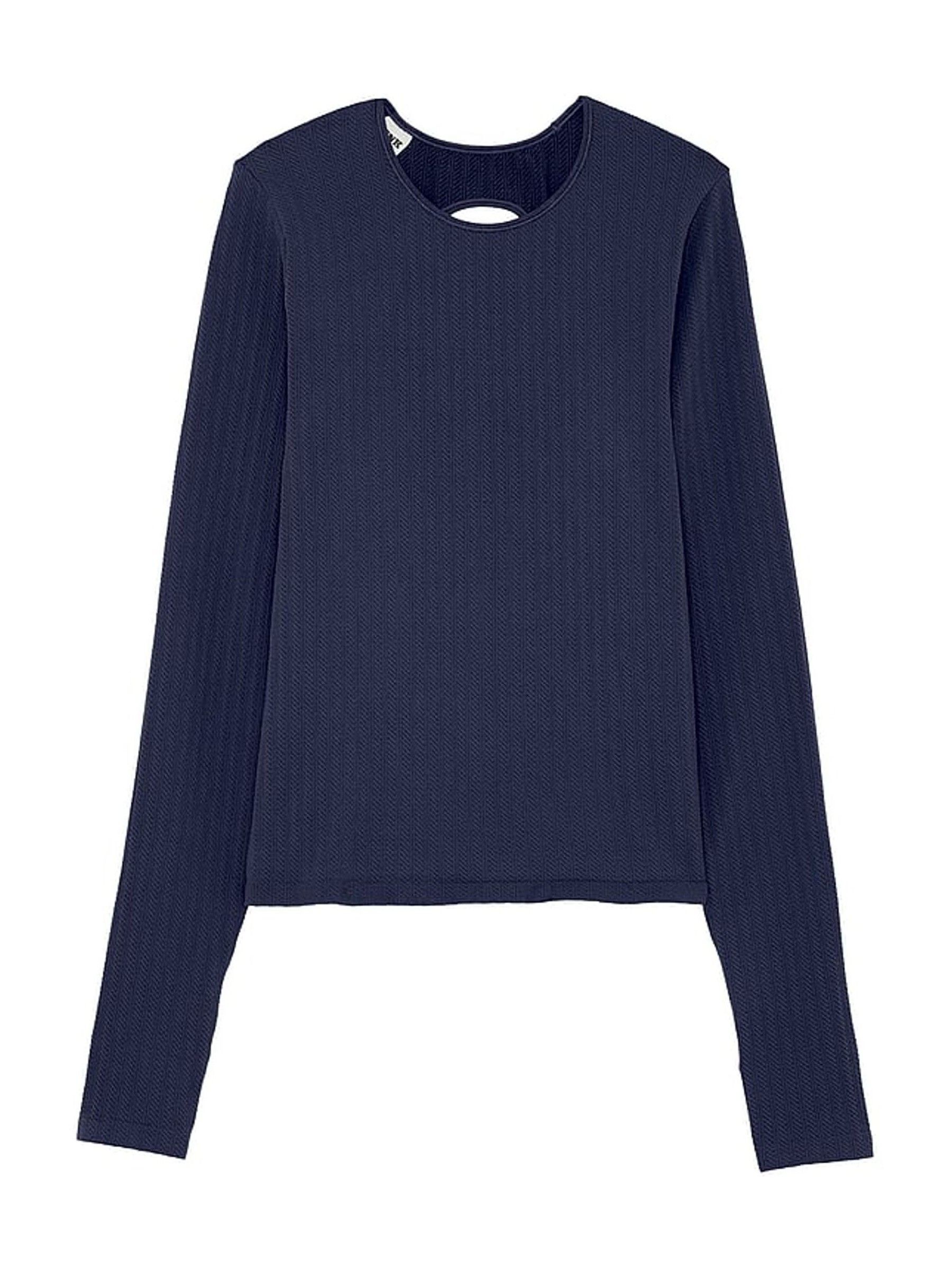 Midnight Navy Blue Seamless Cable Knit Long Sleeve T-Shirt - Image 3 of 3
