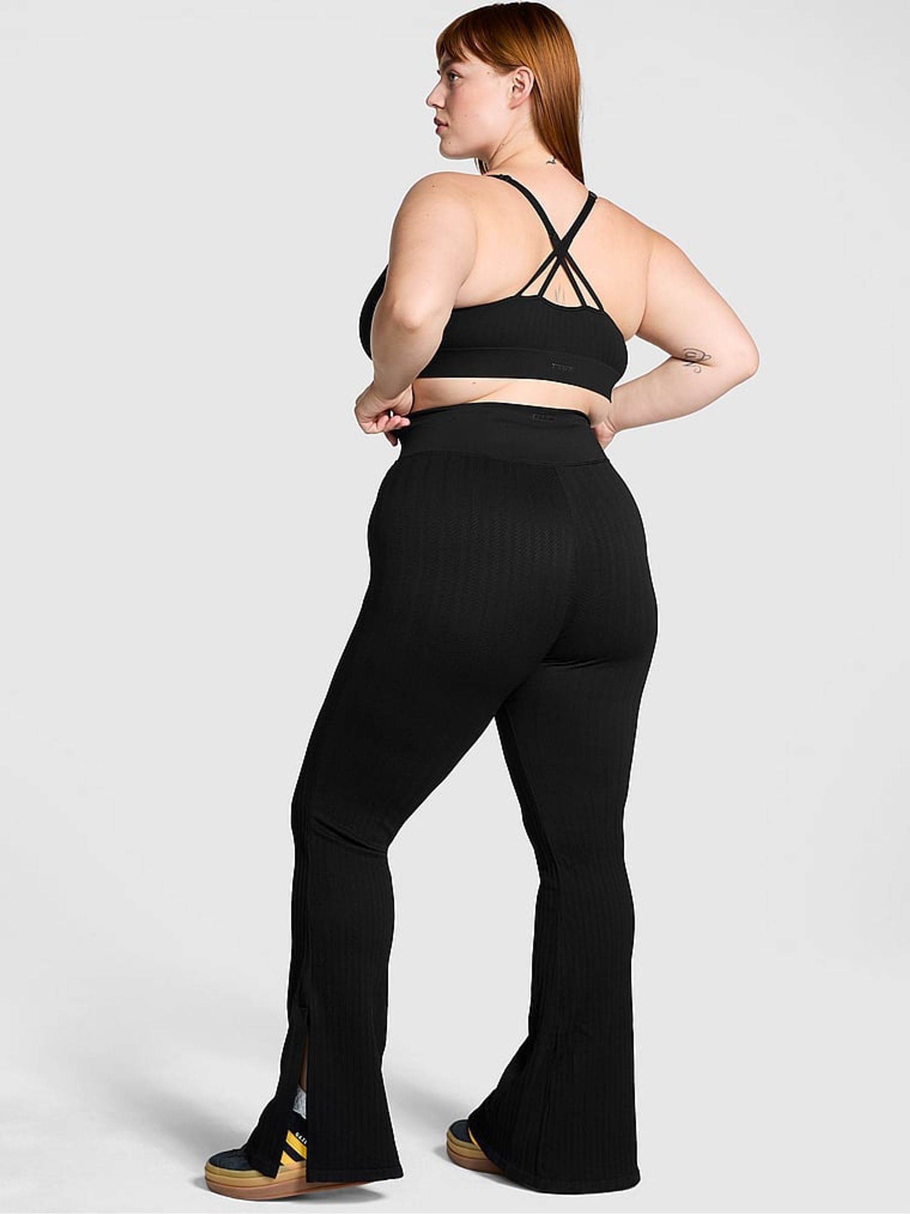 Black Seamless Cable Knit High Waist Flare Leggings - Image 2 of 3