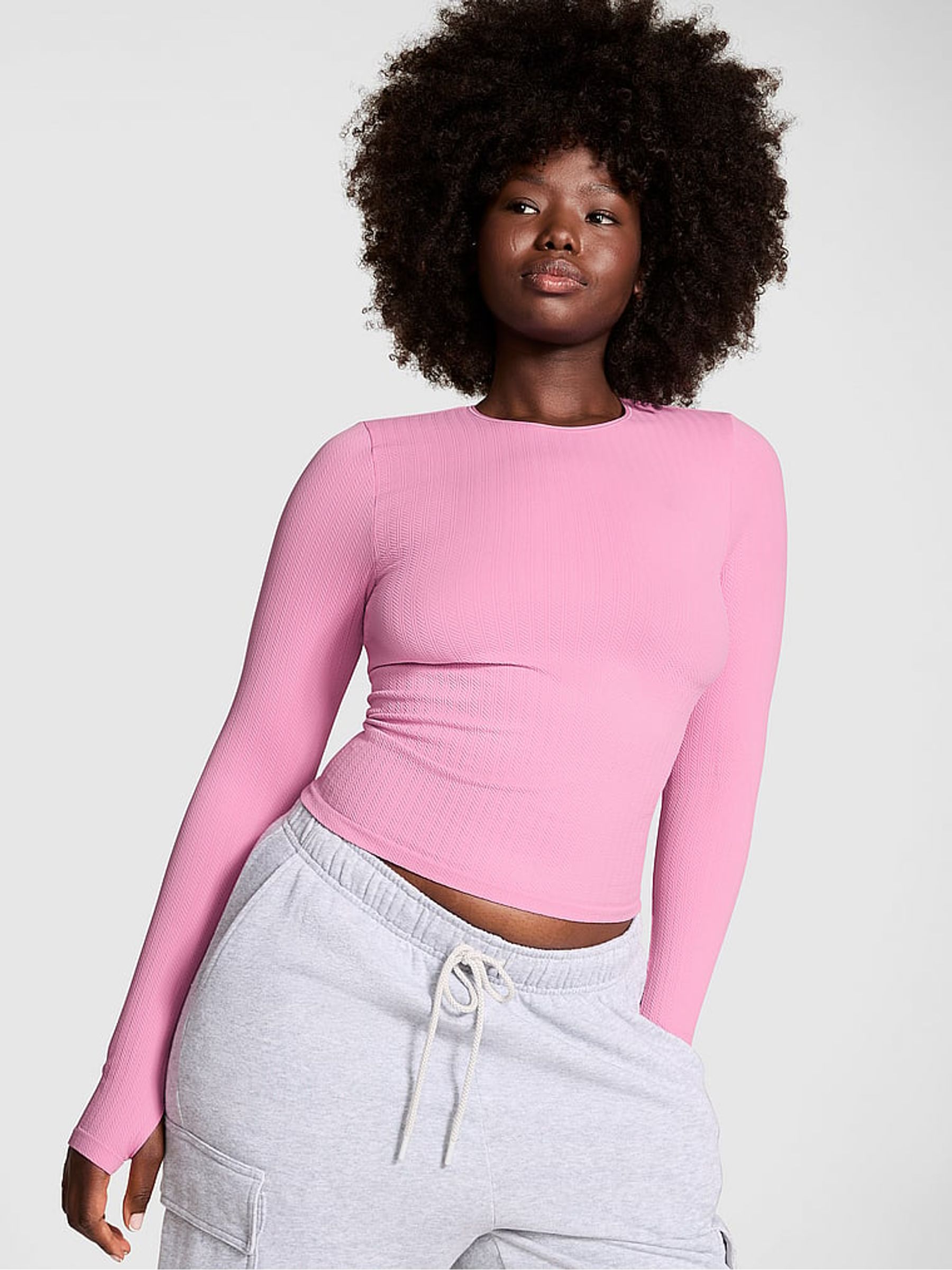 Moonstone Pink Seamless Cable Knit Long Sleeve T-Shirt - Image 1 of 4