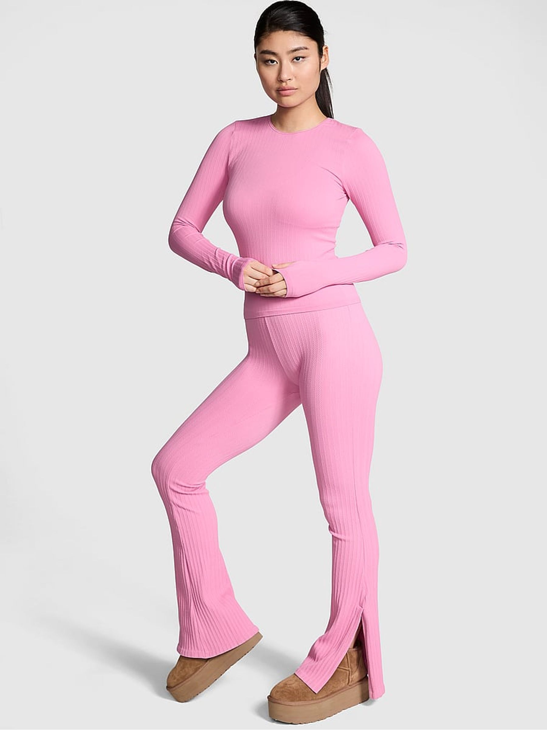 Moonstone Pink Seamless Cable Knit Long Sleeve T-Shirt