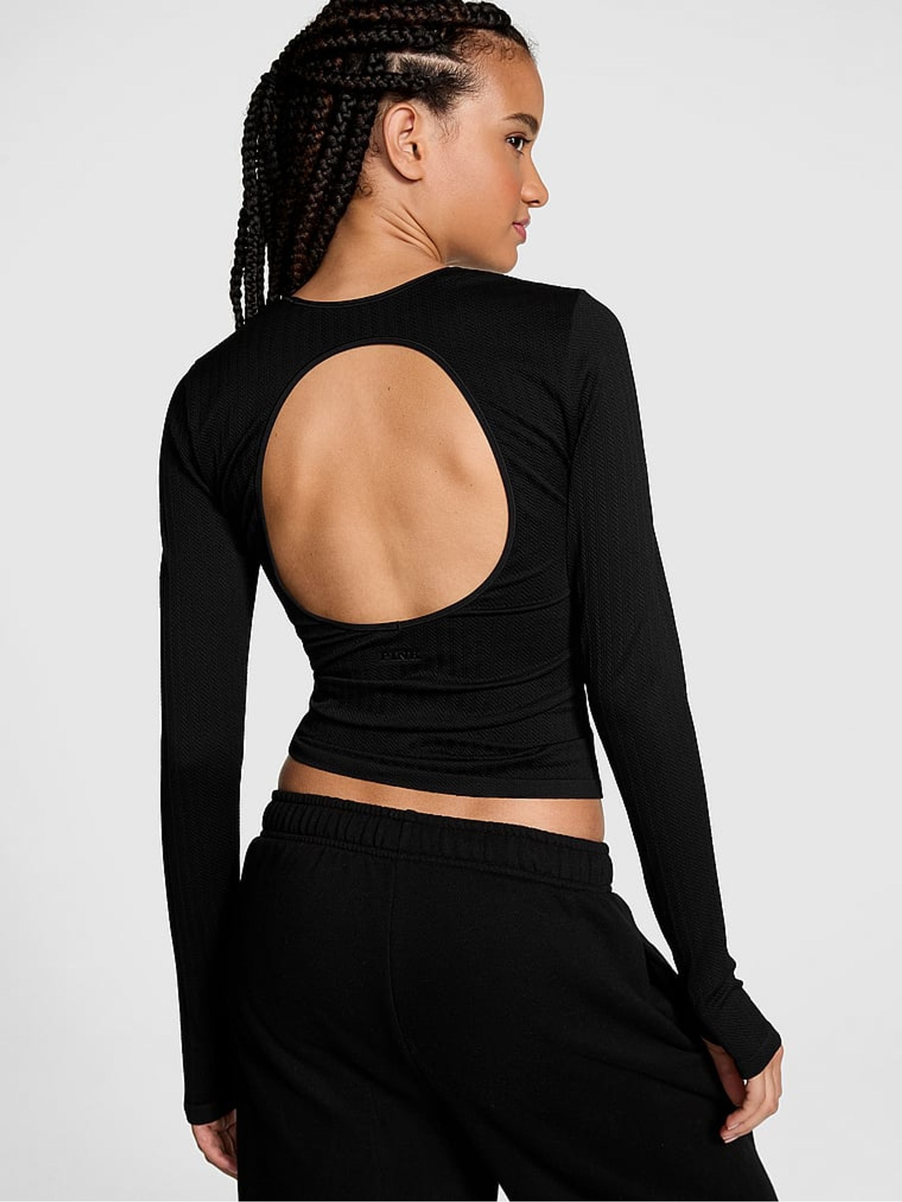 Black Seamless Cable Knit Long Sleeve T-Shirt - Image 2 of 3