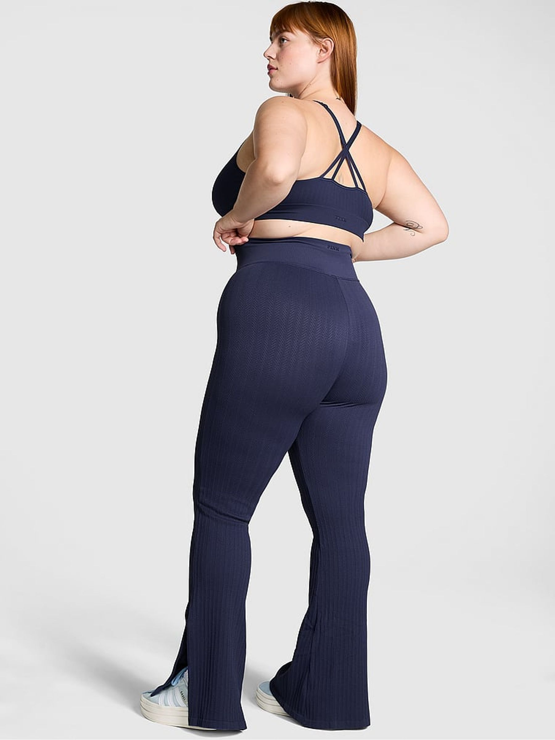 Midnight Navy Blue Seamless Cable Knit High Waist Flare Leggings - Image 2 of 3