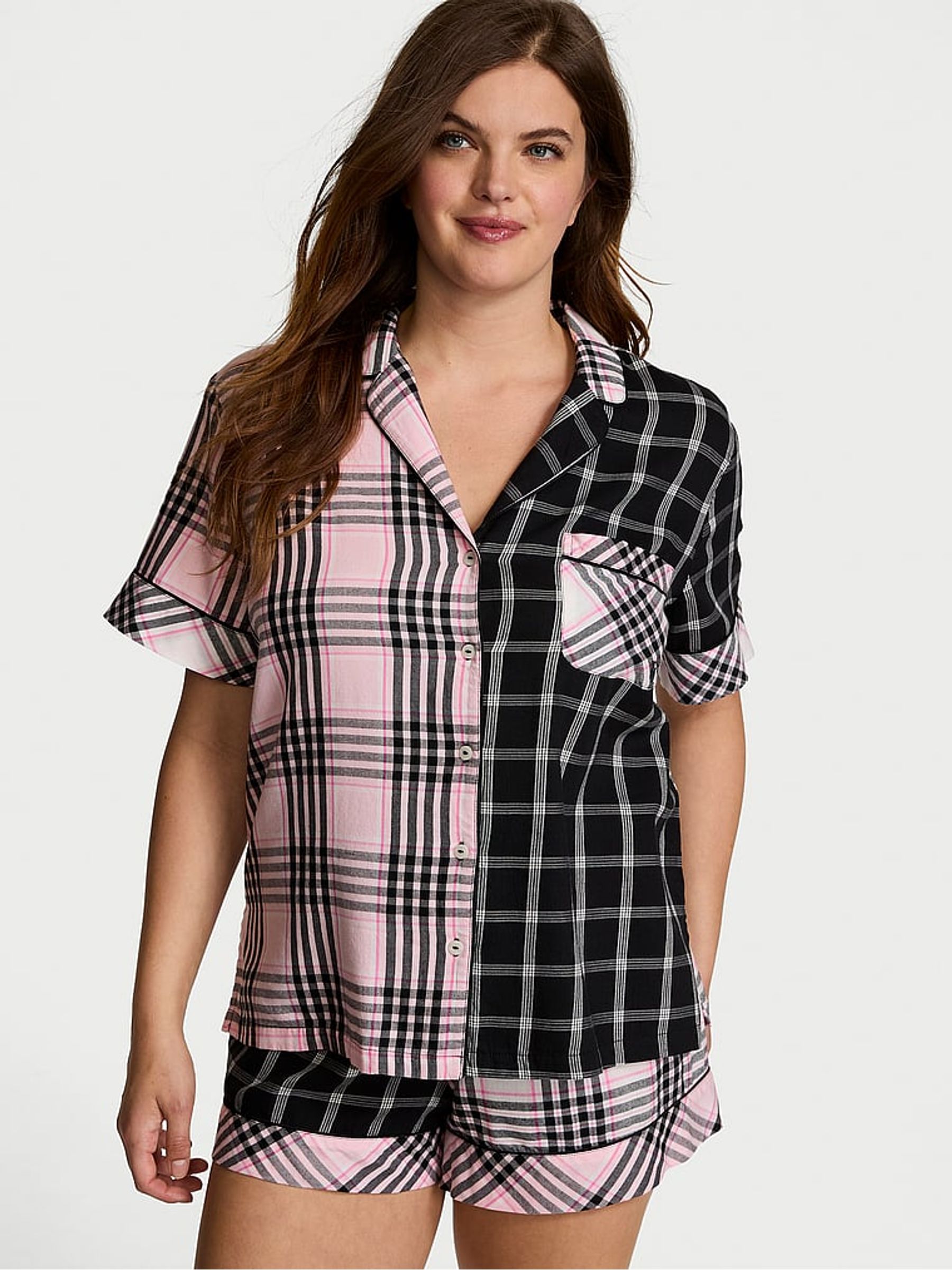 Pink Mix Plaid Flannel Short Pyjama Set - Image 1 of 4