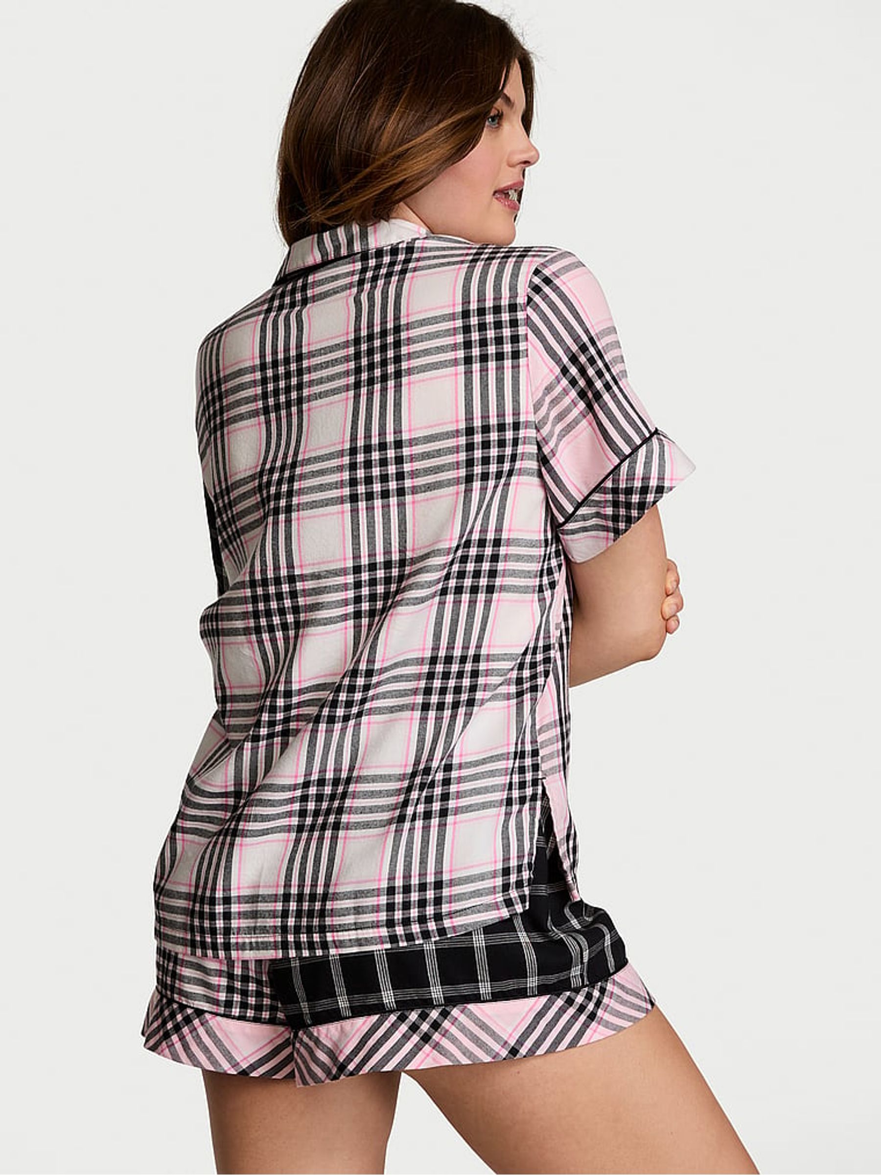 Pink Mix Plaid Flannel Short Pyjama Set - Image 2 of 4