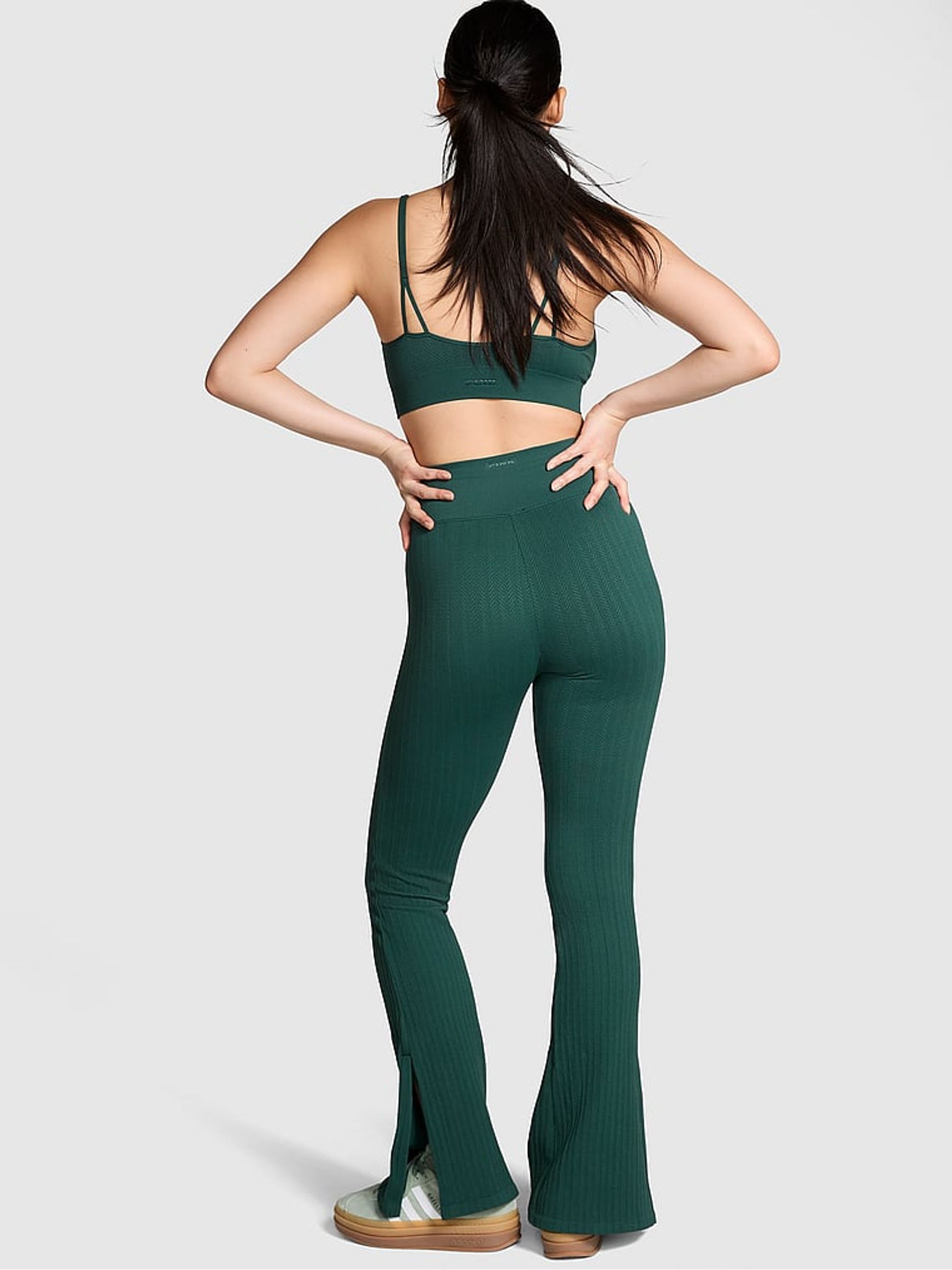 Deep Forest Green Seamless Cable Knit High Waist Flare Leggings - Image 2 of 3