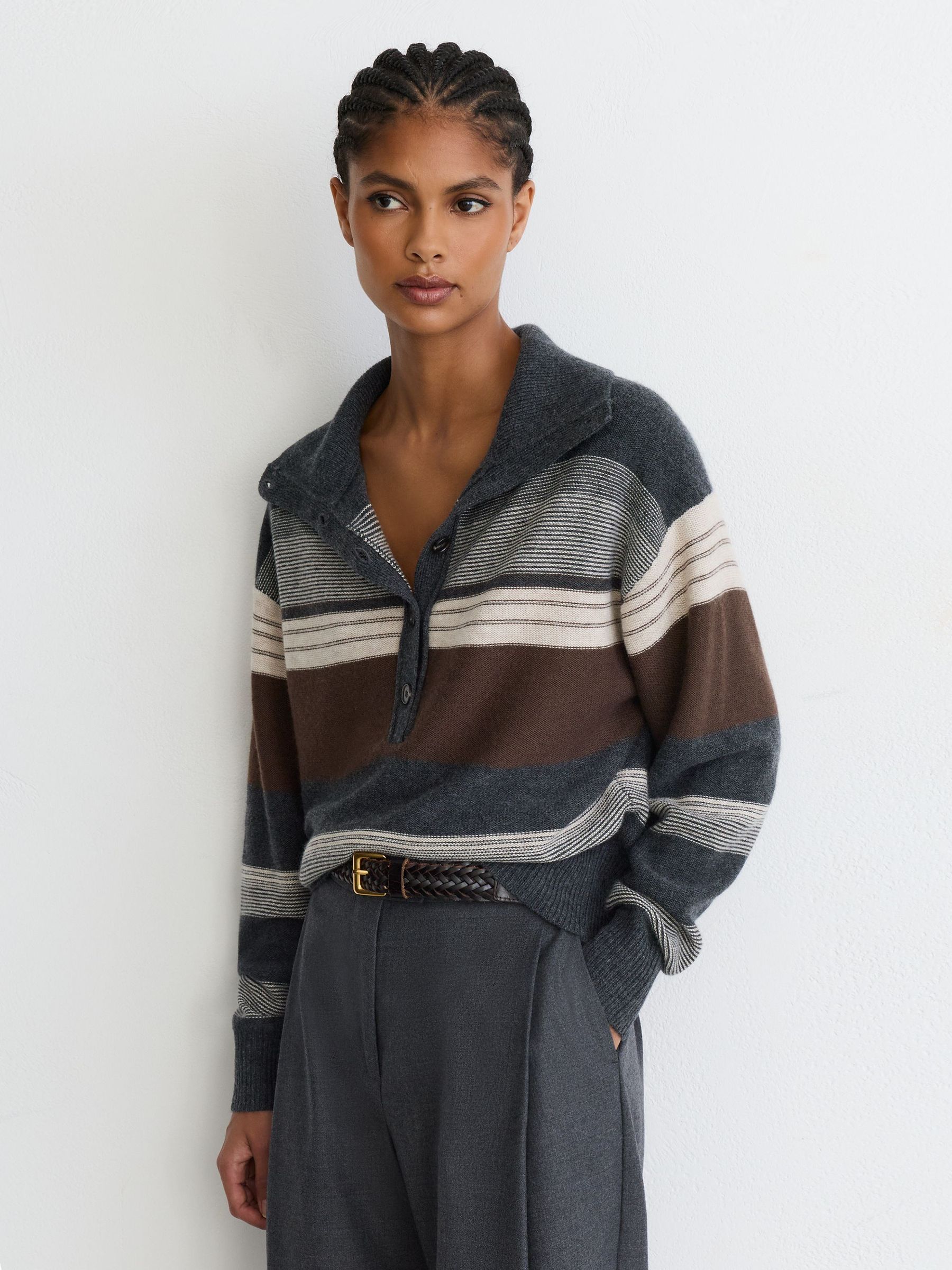 Wool-Cashmere Striped Half-Button Jumper in Charcoal Grey - Image 1 of 6