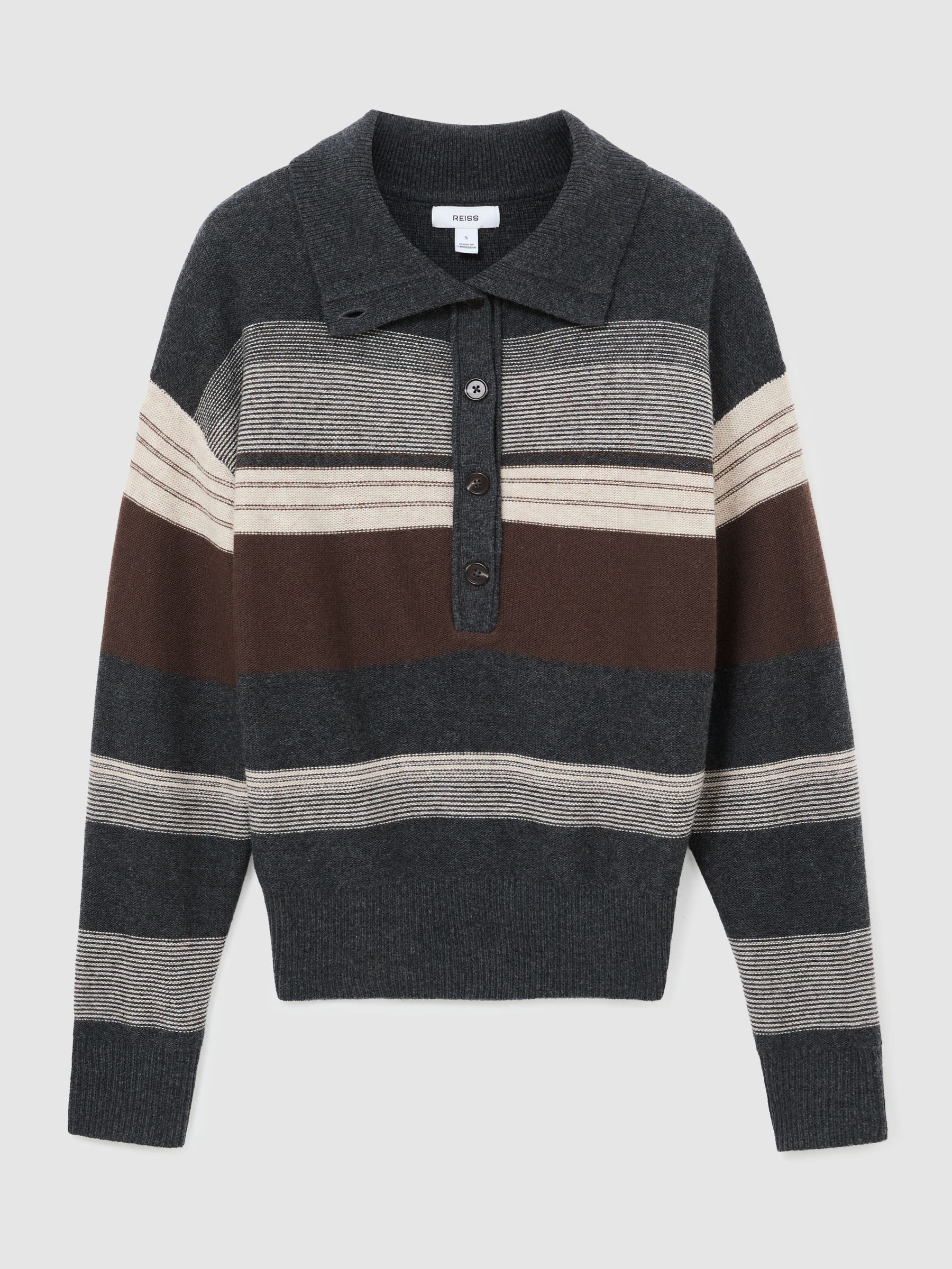 Wool-Cashmere Striped Half-Button Jumper in Charcoal Grey - Image 2 of 6
