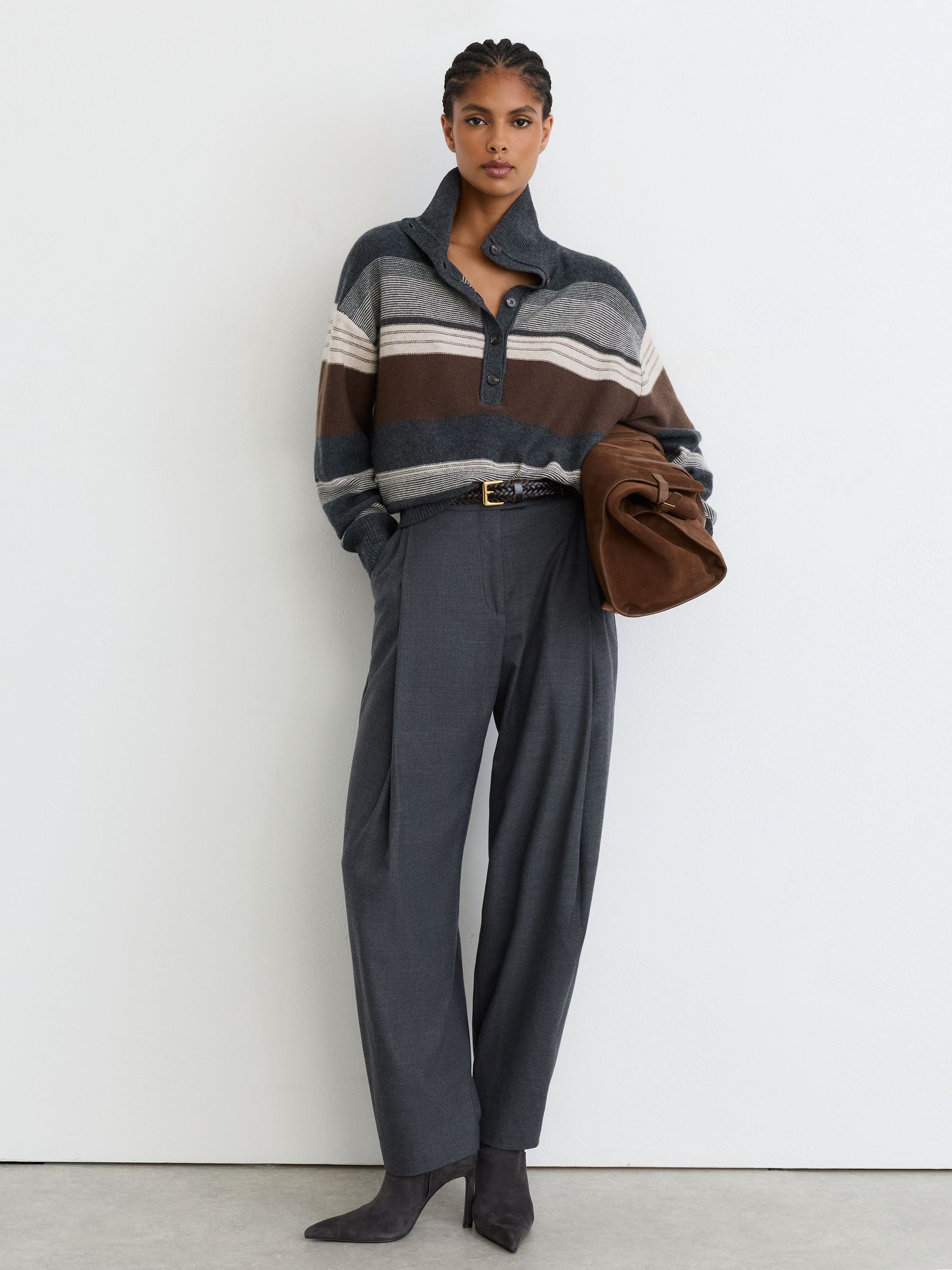 Wool-Cashmere Striped Half-Button Jumper in Charcoal Grey - Image 3 of 6