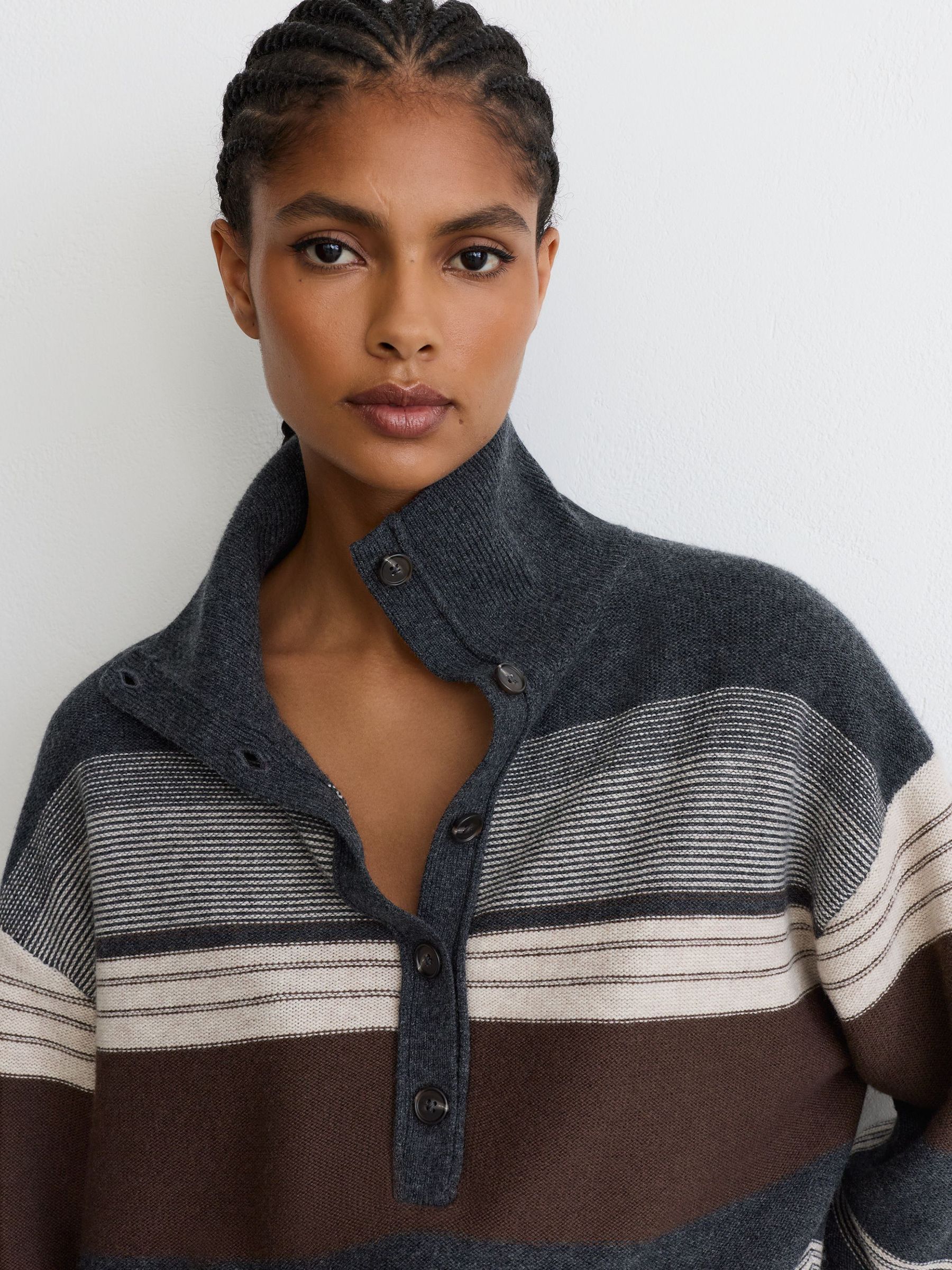 Wool-Cashmere Striped Half-Button Jumper in Charcoal Grey - Image 4 of 6
