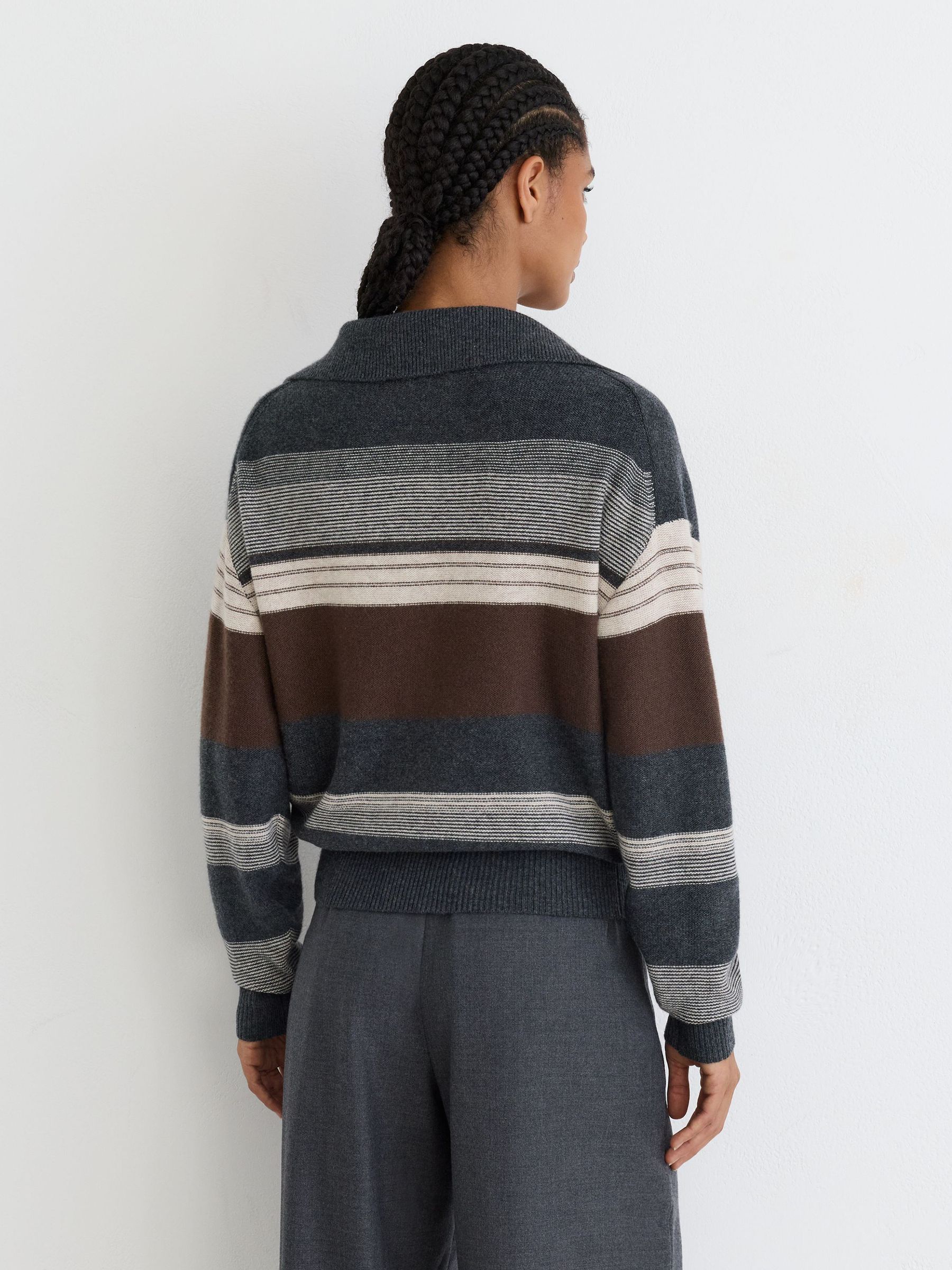 Wool-Cashmere Striped Half-Button Jumper in Charcoal Grey - Image 5 of 6