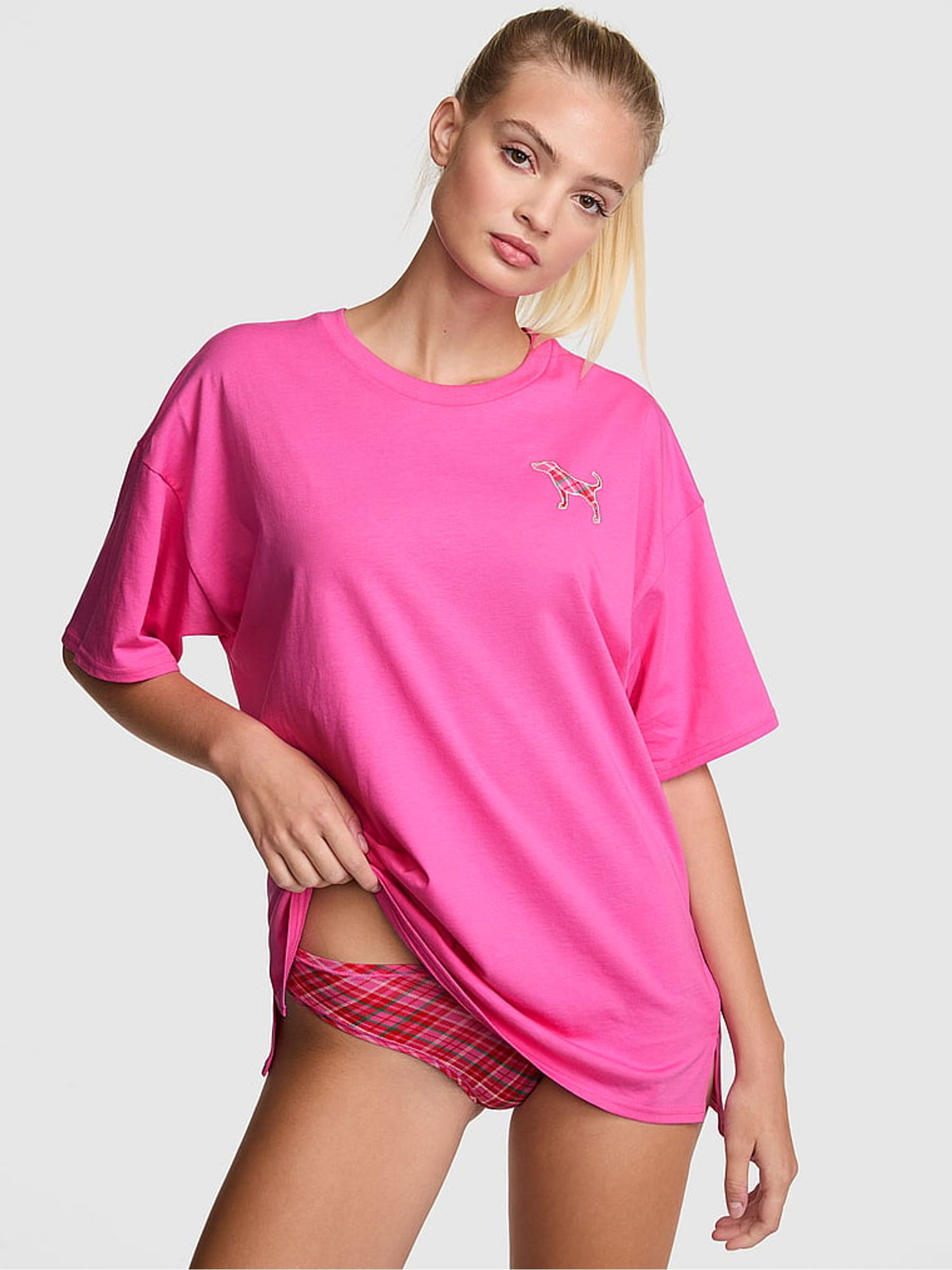 Pink/Red Tartan Cotton T-Shirt/Knicker Pyjama Set - Image 1 of 2