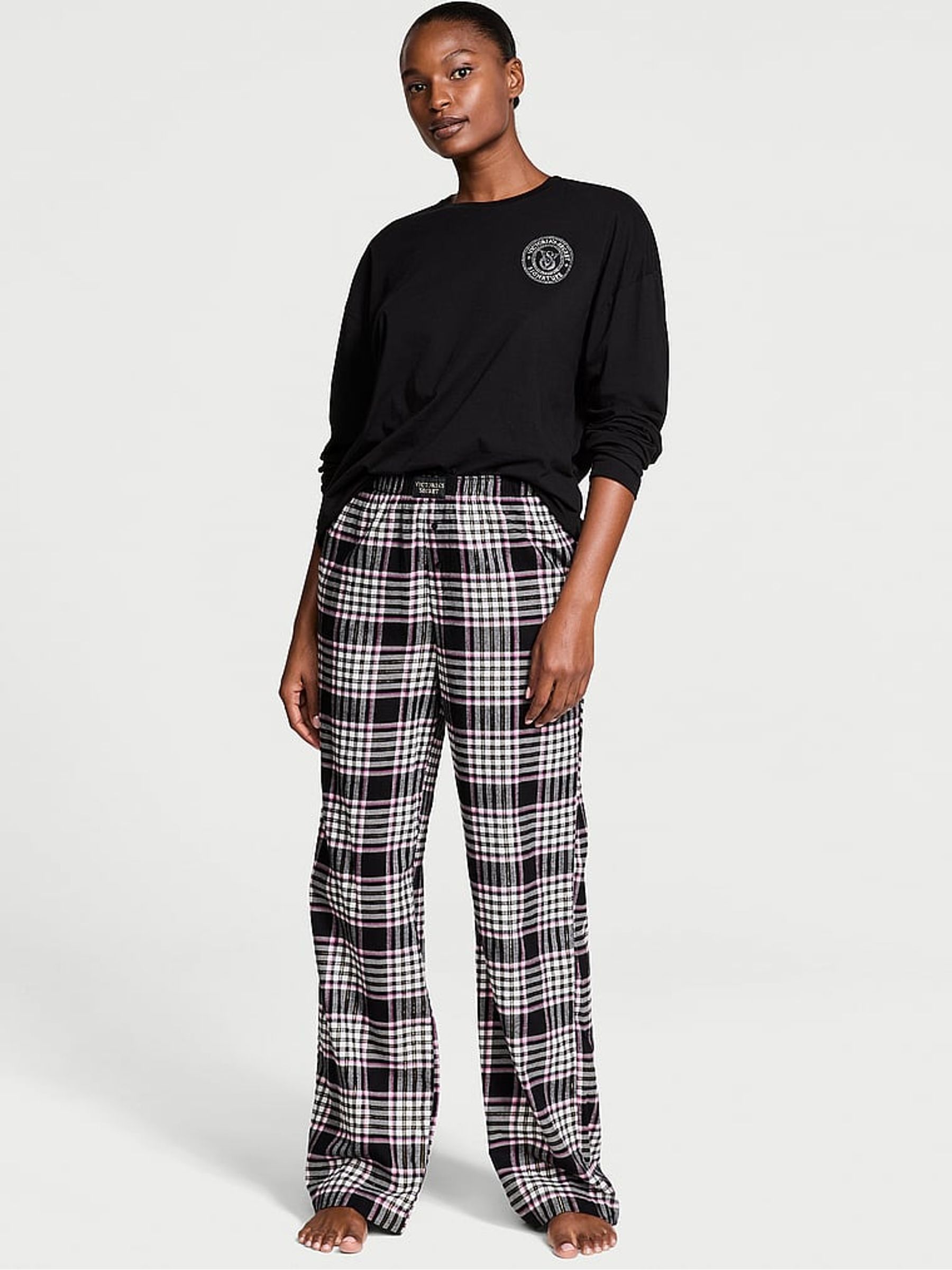 Black/Pink Xia Plaid Black Long Sleeve T-Shirt Flannel Pyjama Set - Image 1 of 4