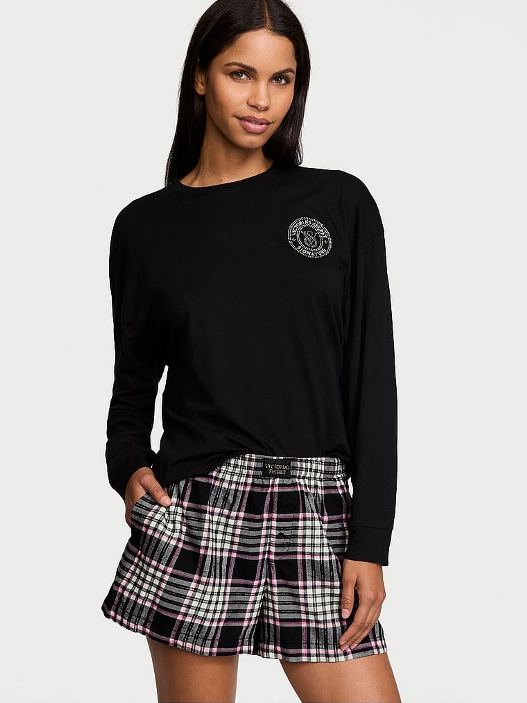 Black & Pink Plaid Long Sleeve T-Shirt Short Flannel Pyjama Set - Image 1 of 3