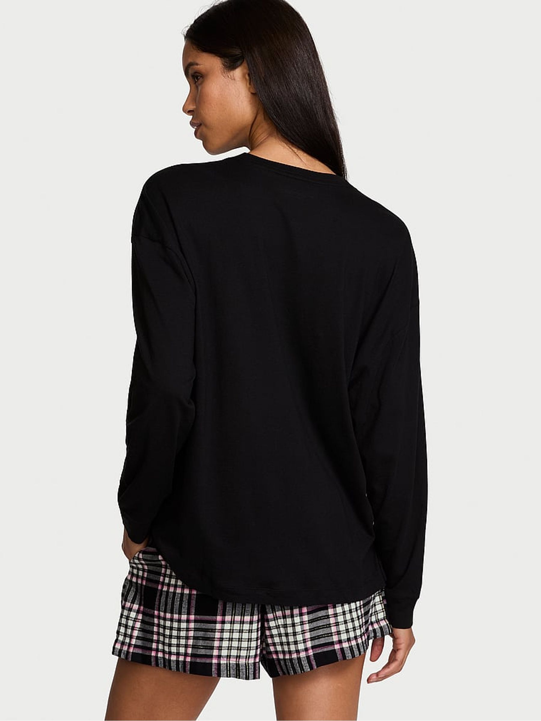 Black & Pink Plaid Long Sleeve T-Shirt Short Flannel Pyjama Set - Image 2 of 3