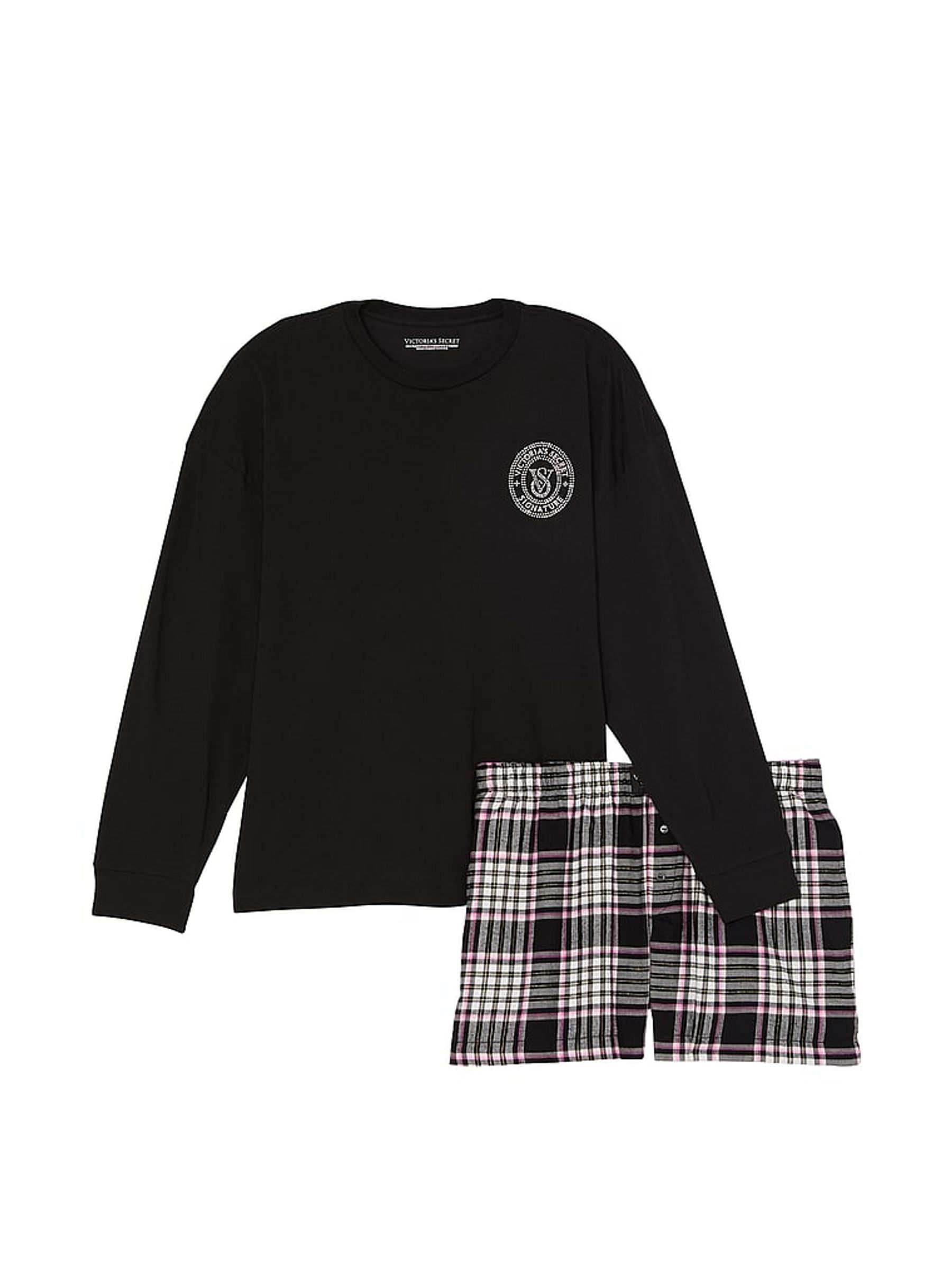 Black & Pink Plaid Long Sleeve T-Shirt Short Flannel Pyjama Set - Image 3 of 3