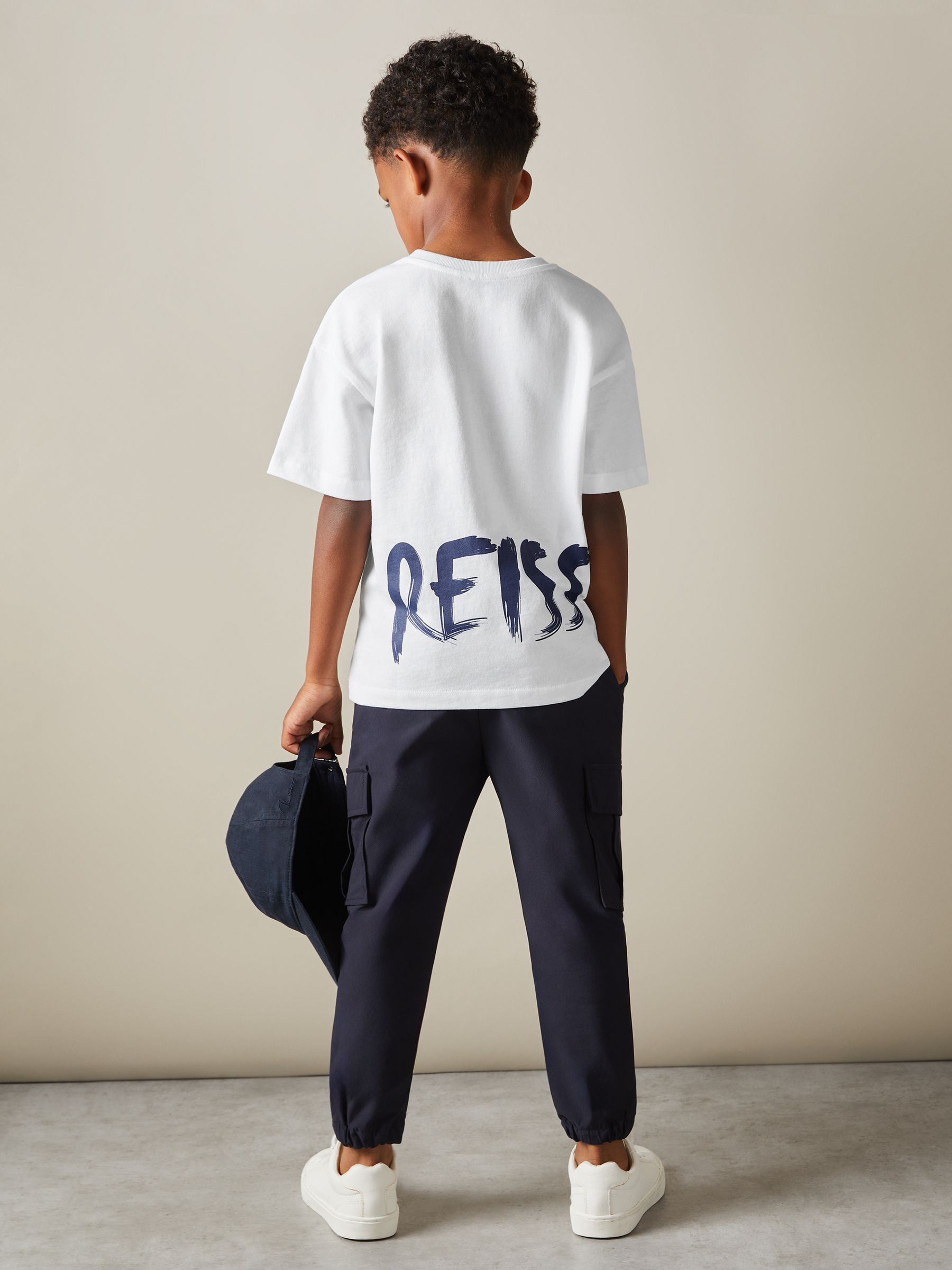 9-13 yrs Cotton-Jersey Logo-Print T-shirt in Optic White/Navy - Image 3 of 4