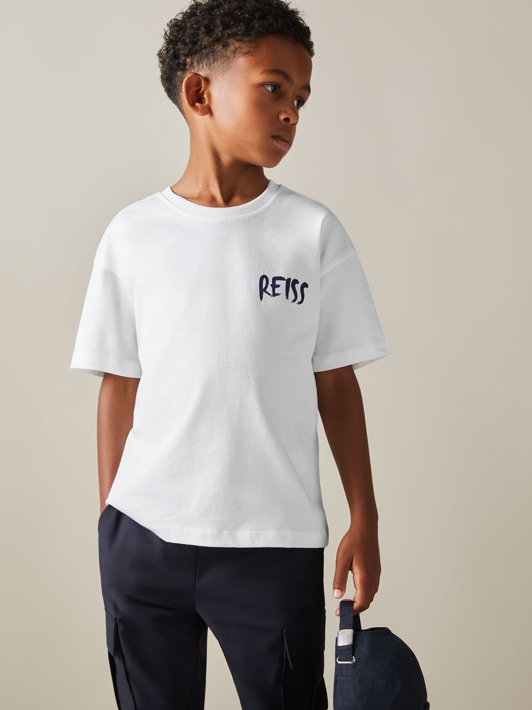 3-9 yrs Cotton-Jersey Logo-Print T-shirt in Optic White/Navy - Image 3 of 4