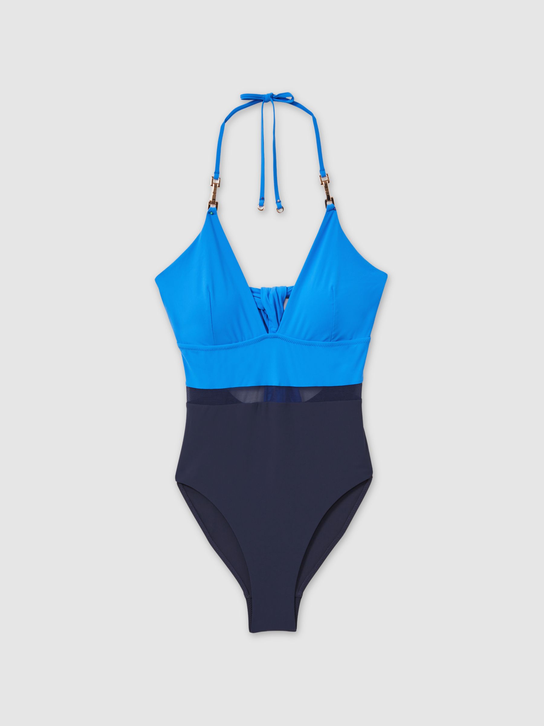 Daisy Blue/Navy Colourblock Halter Tie Back Swimsuit - Image 2 of 4