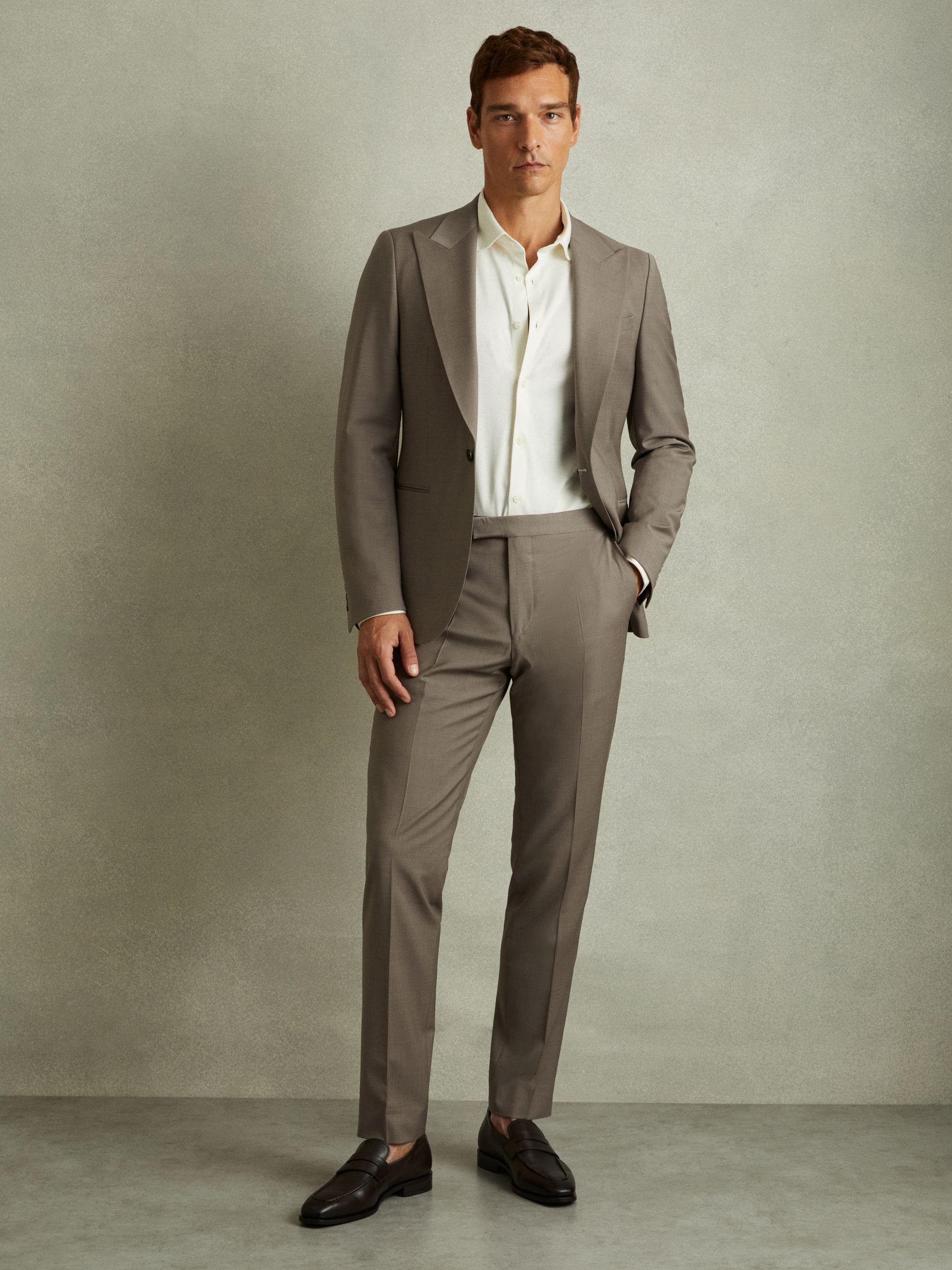 Harley Mushroom Brown Textured Wool Blend Side Adjuster Tapered Fit Trousers - Image 1 of 5