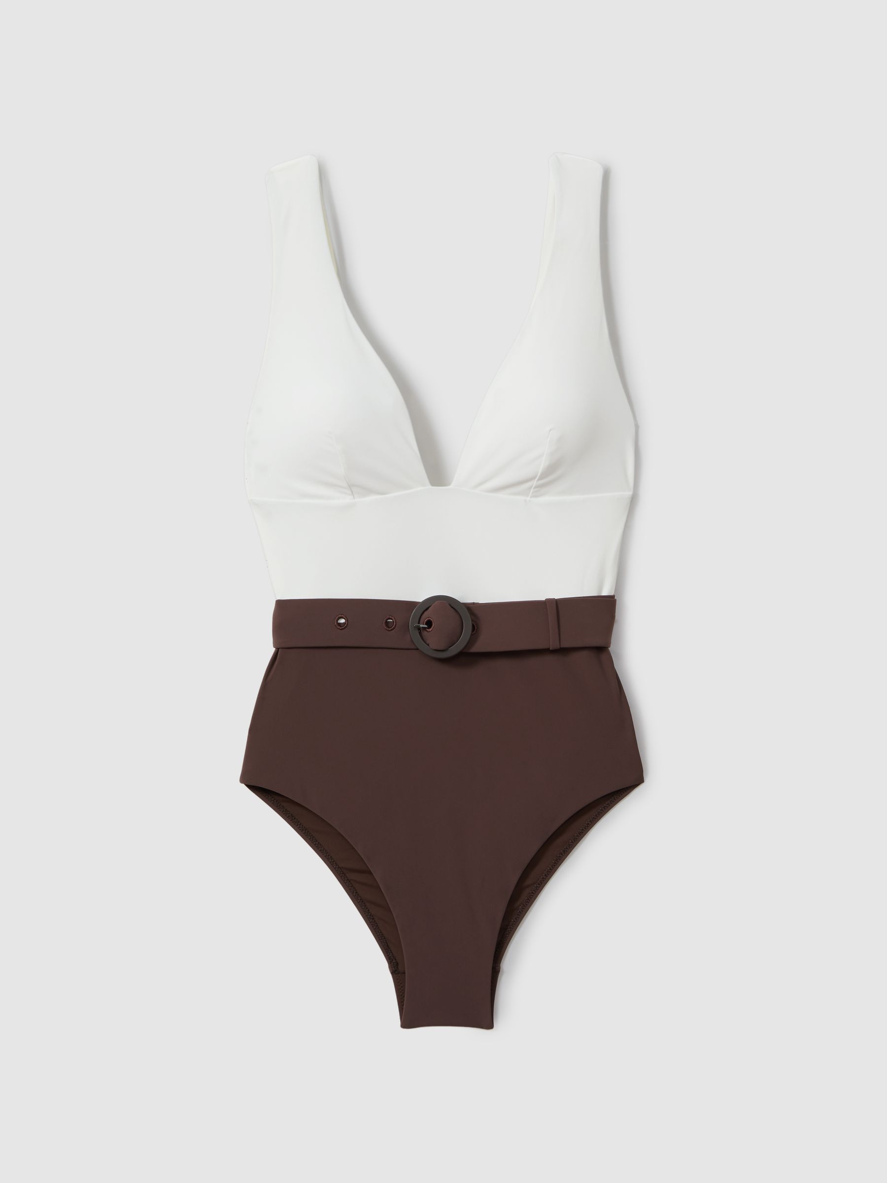 Colourblock Belted Swimsuit in Ivory/Chocolate - Image 2 of 5