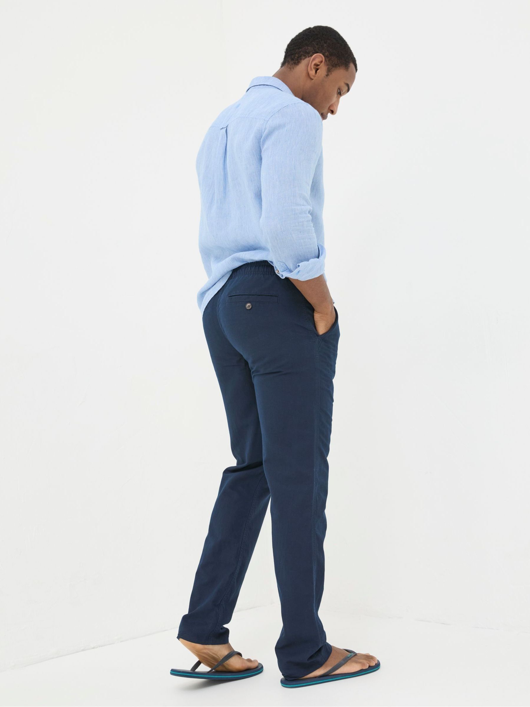 Blue Straight Cotton Linen Trousers - Image 3 of 5