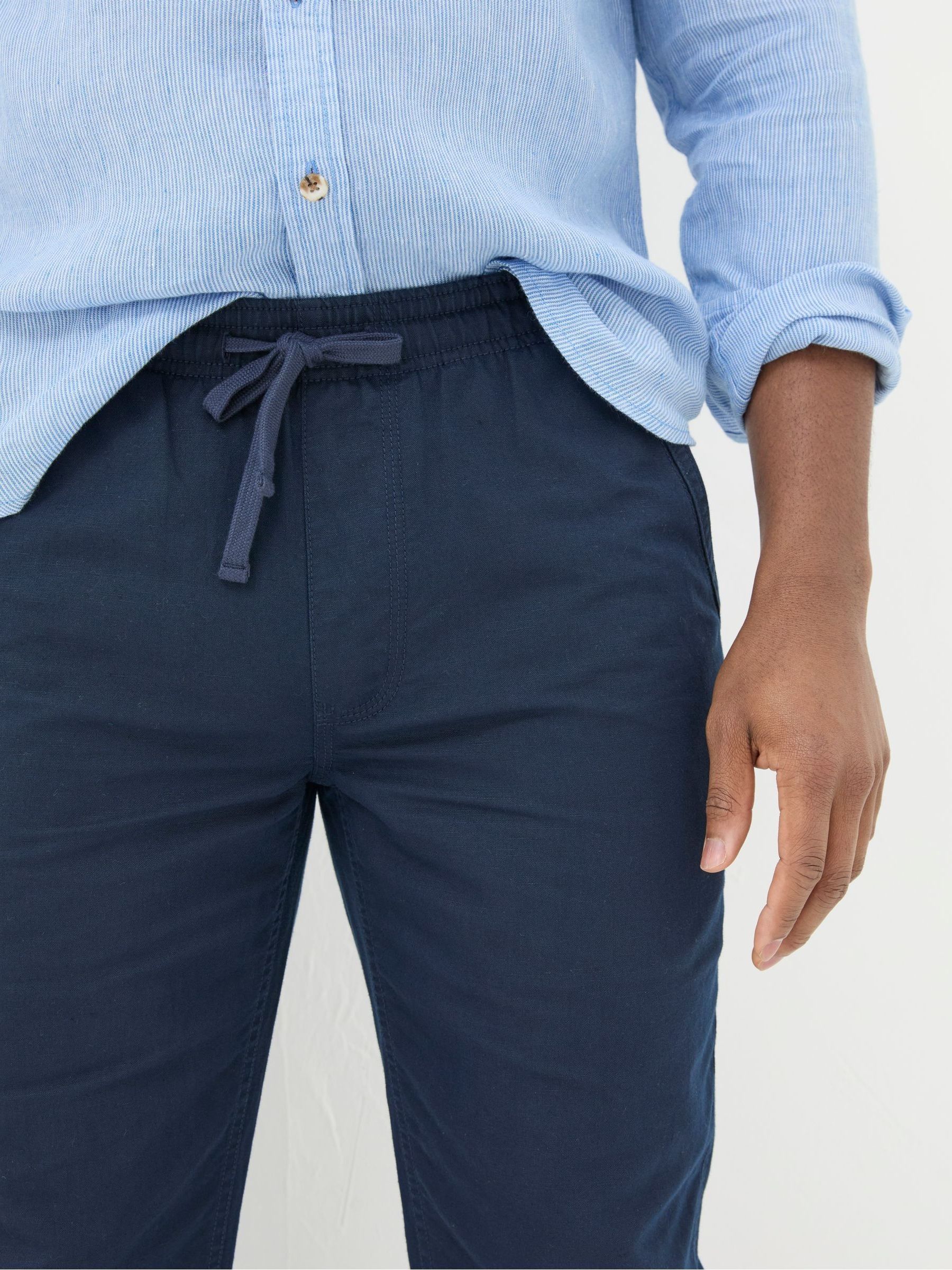 Blue Straight Cotton Linen Trousers - Image 4 of 5