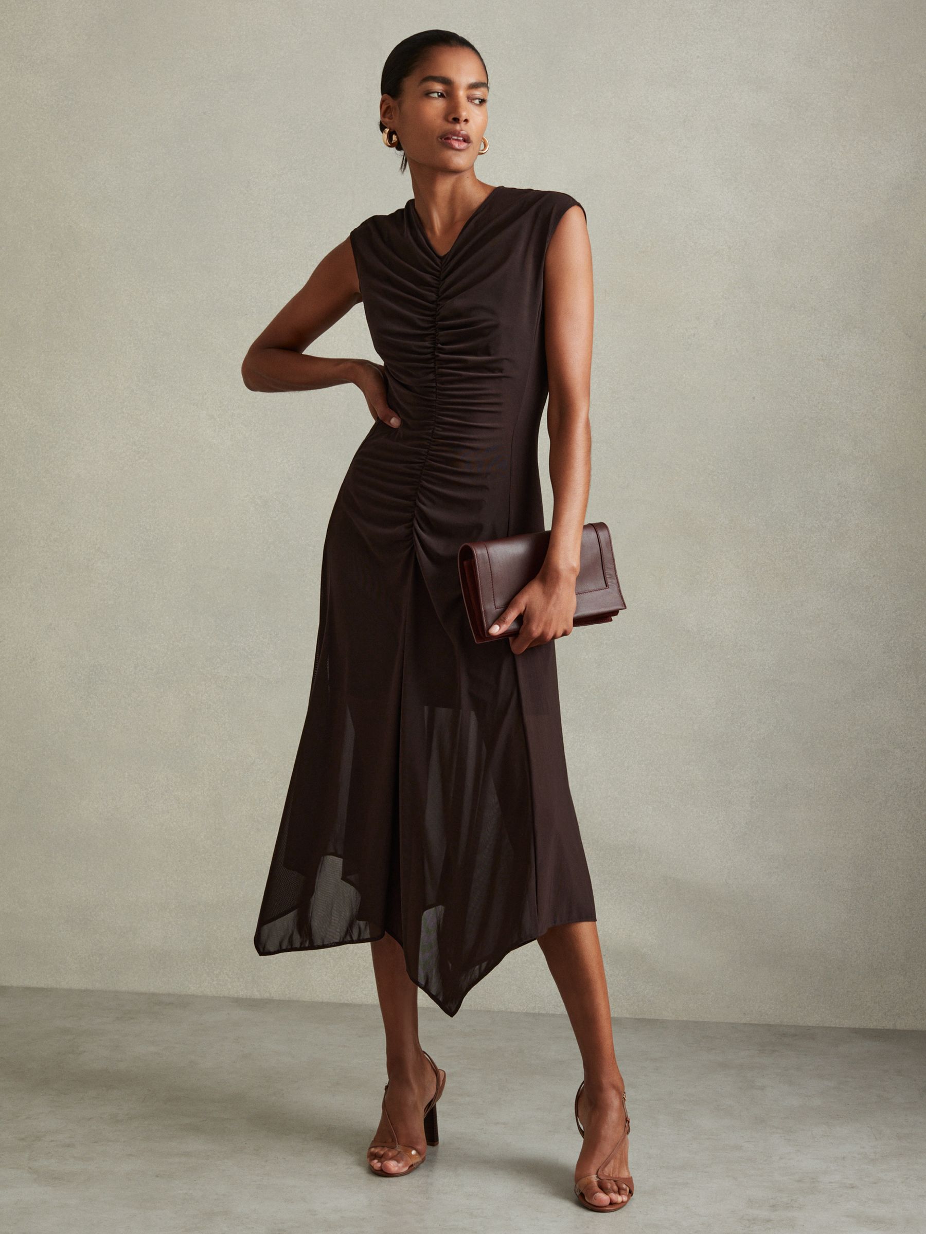 Reiss Petite Mesh Ruched Midi Dress in Chocolate | REISS