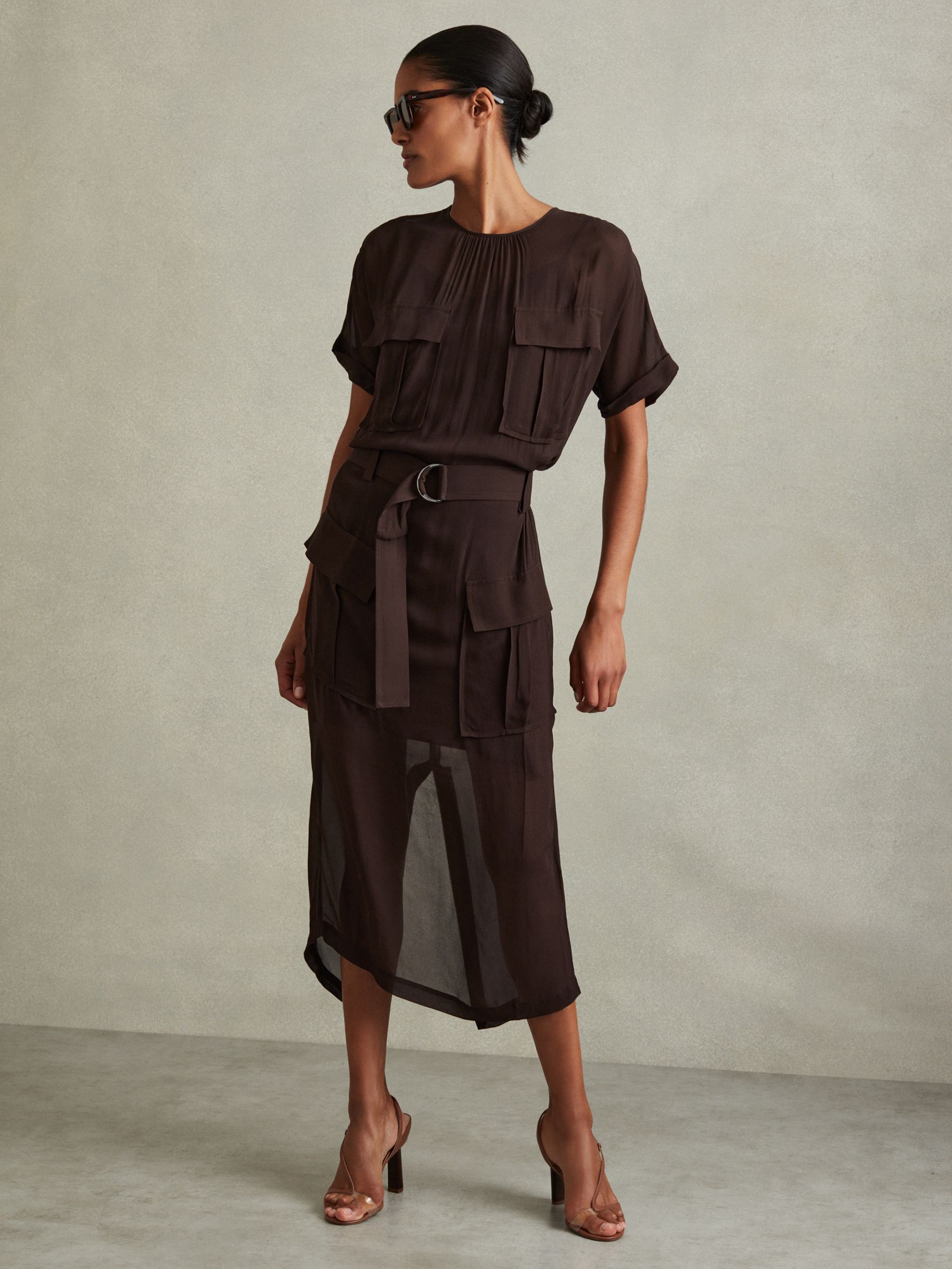 Essie Chocolate Mesh Utility Belted Midi Dress - Image 1 of 5