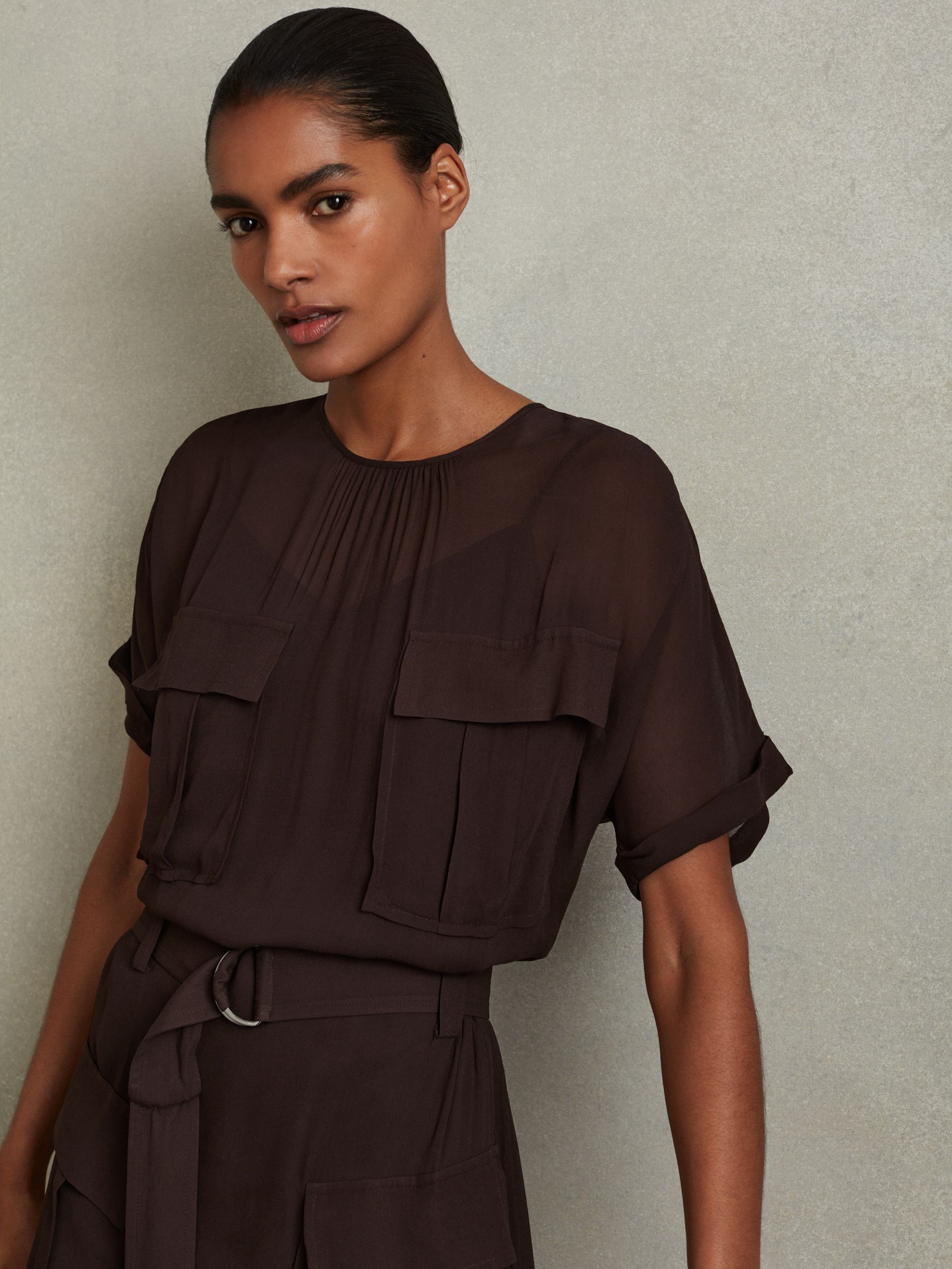 Essie Chocolate Mesh Utility Belted Midi Dress - Image 3 of 5
