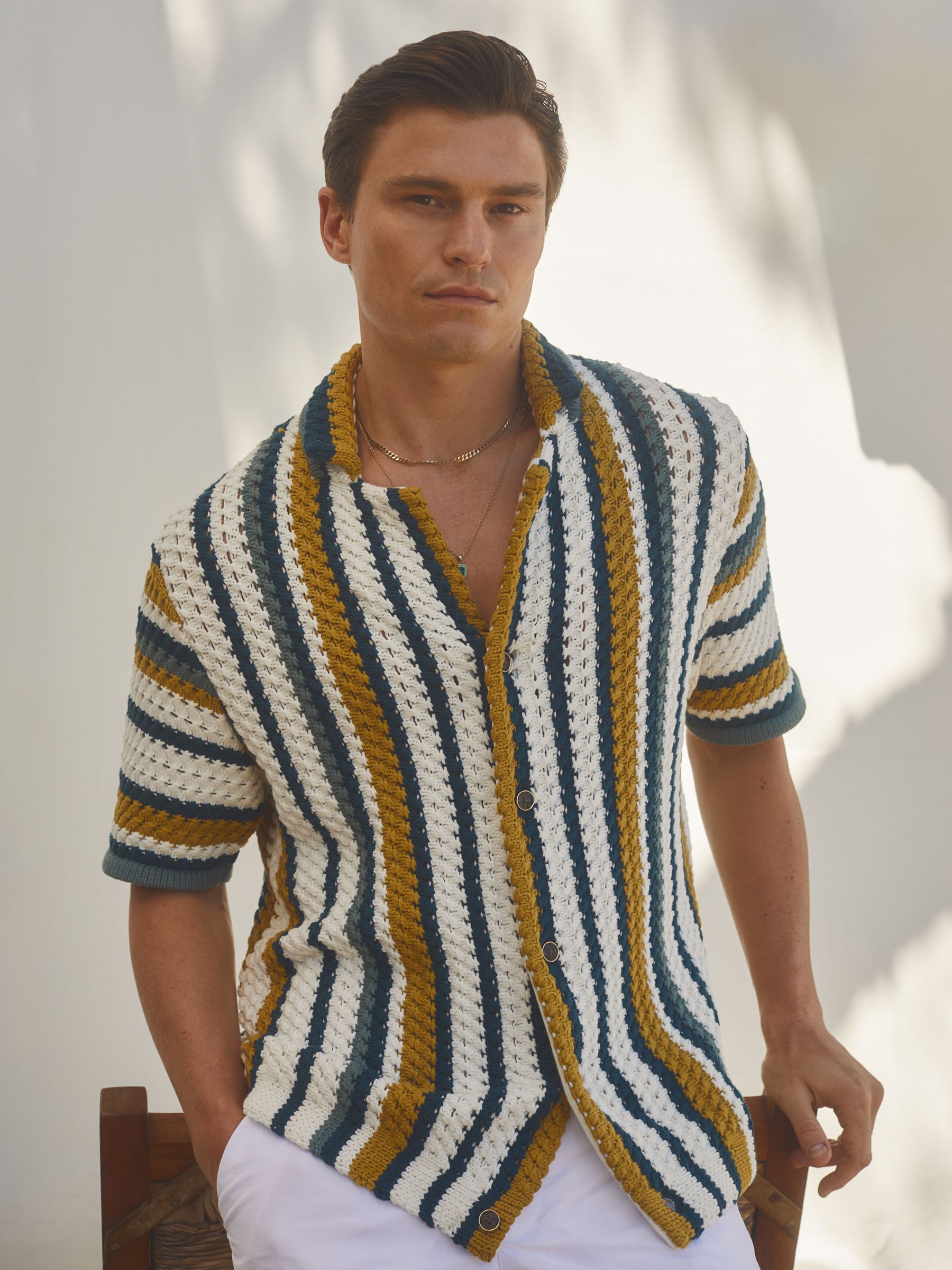 Tampa Green Multi Ché Crochet Cuban Collar Shirt - Image 1 of 6 Tampa Green Multi Ché Crochet Cuban Collar Shirt - Image 1 of 6